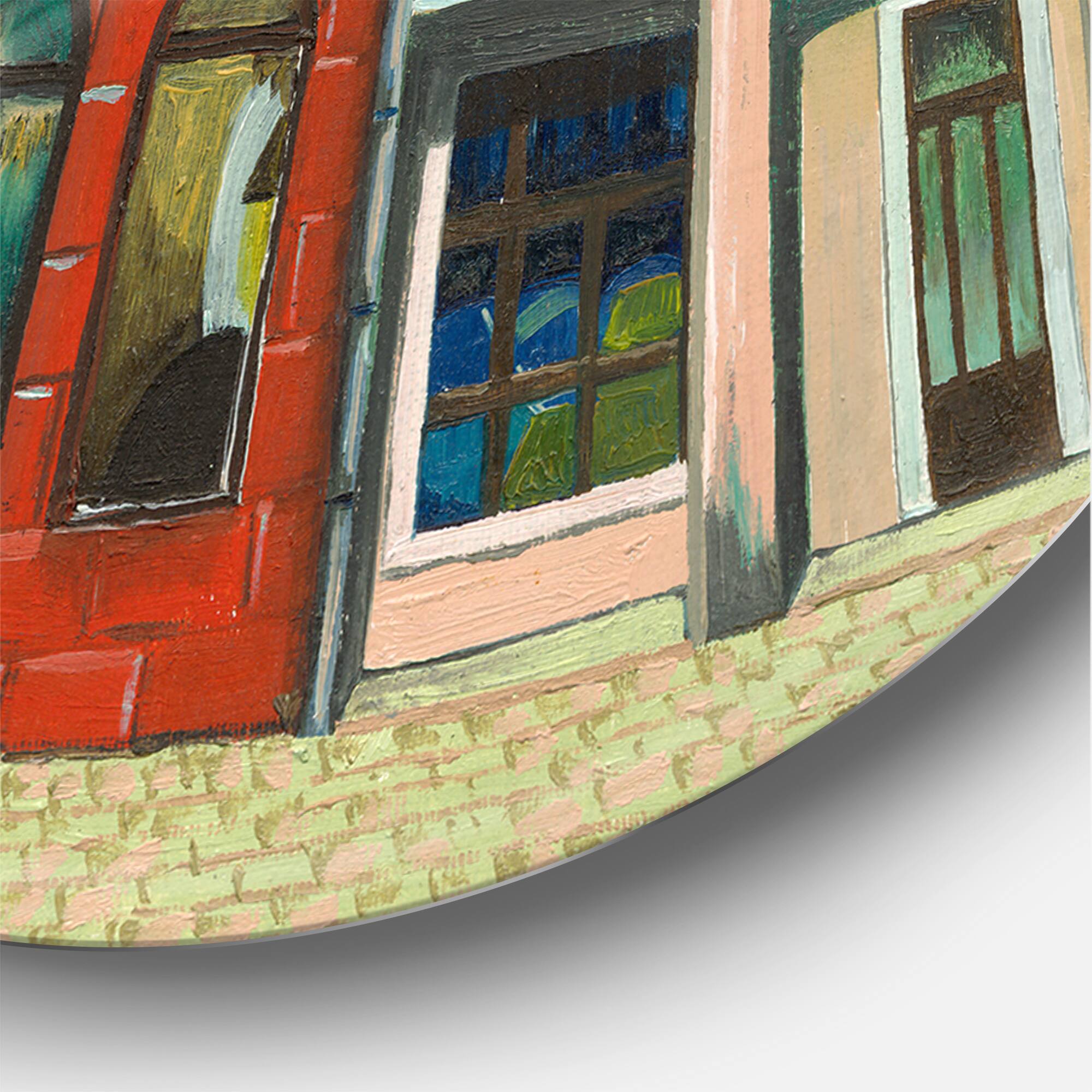 Designart - Red Facade of Shop In Paris I - French Country Metal Circle Wall Art