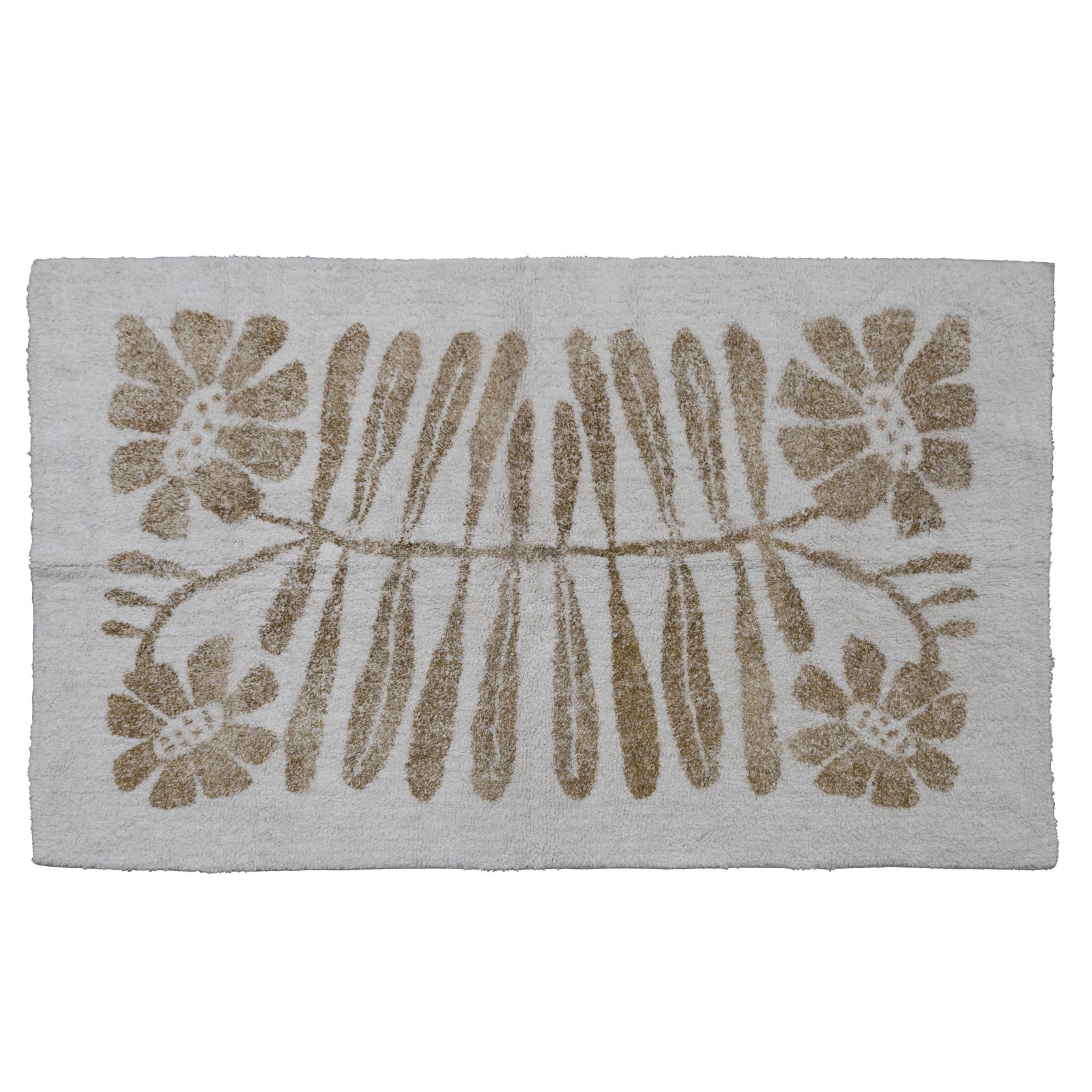 Cotton Tufted Rug with Flowers, White and Mustard