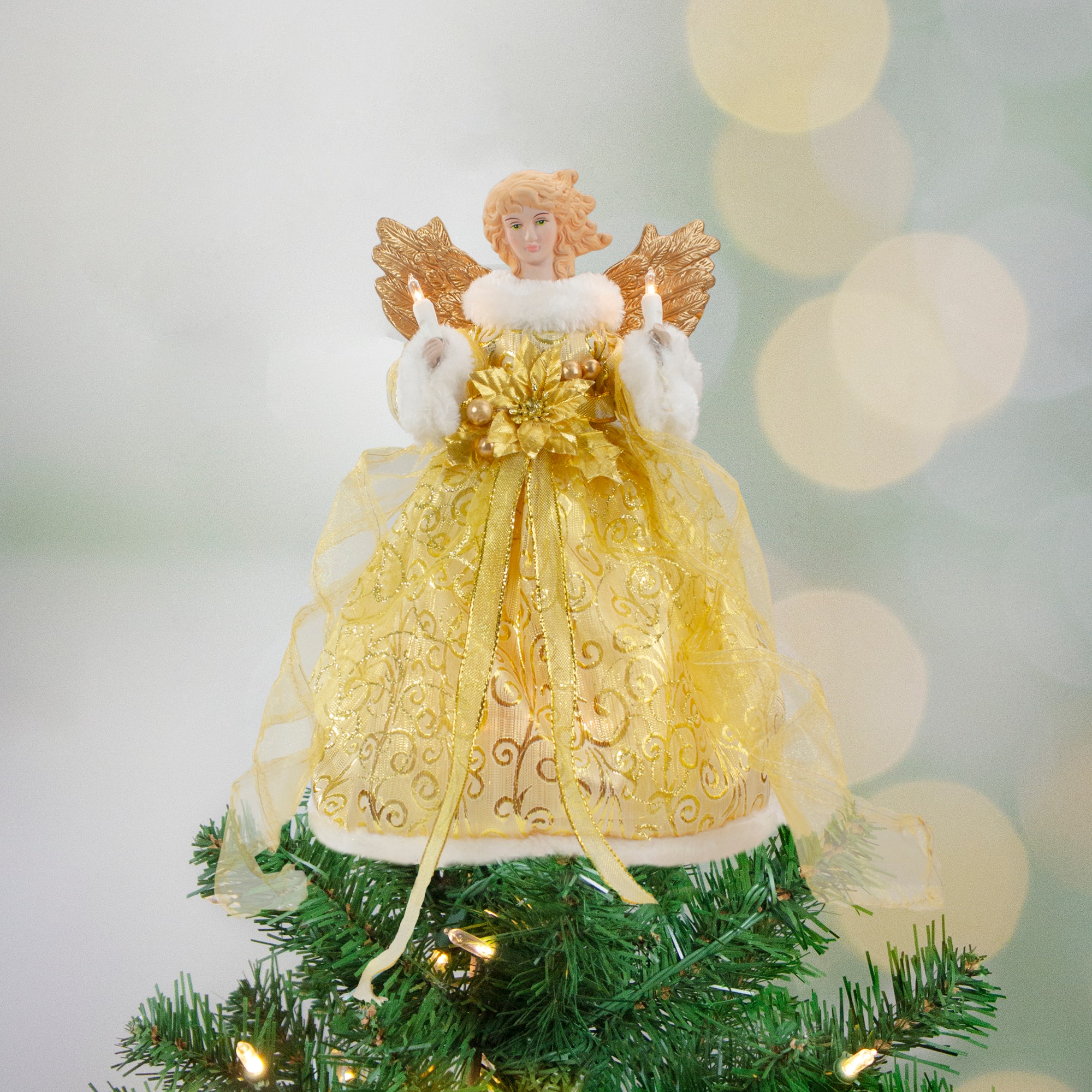 12&#x22; Lighted Gold Angel with Wings Christmas Tree Topper, Clear Lights