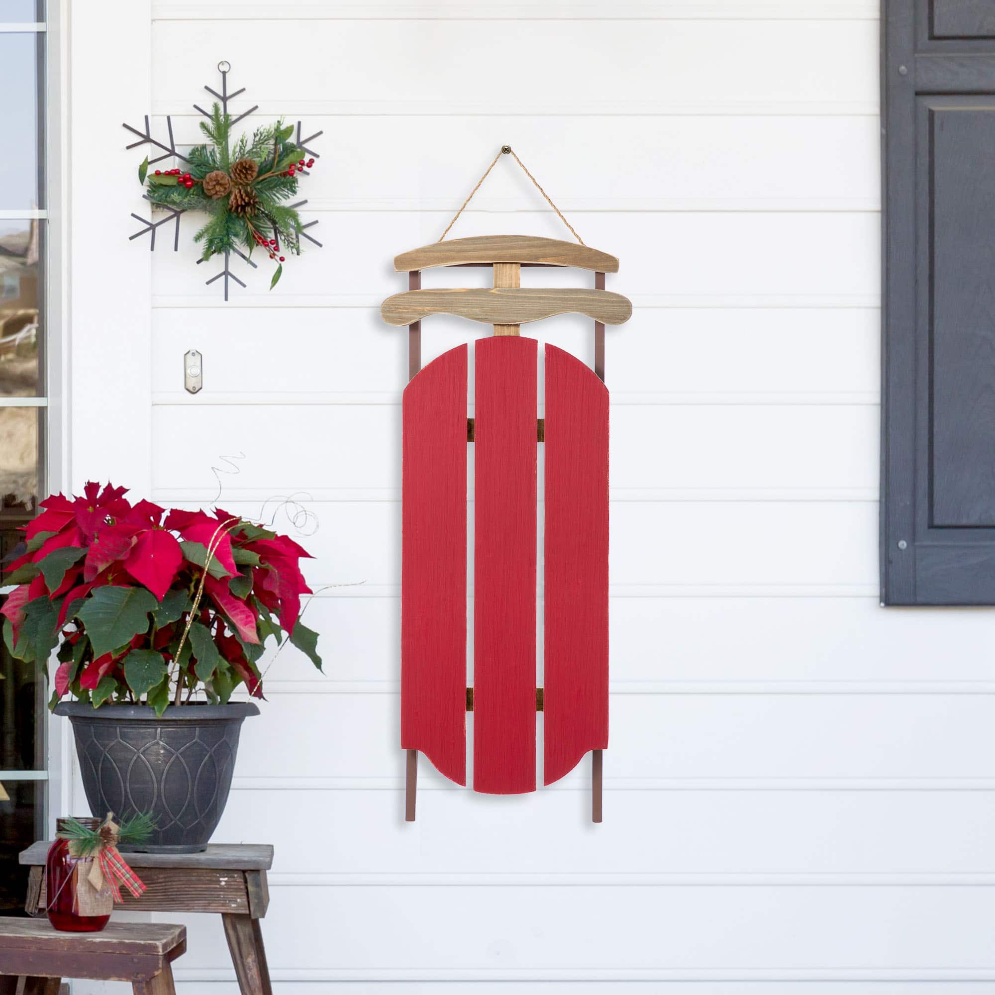 Glitzhome&#xAE; 34.25&#x22;&#xA0;Wooden Christmas Red Sleigh Porch Decor