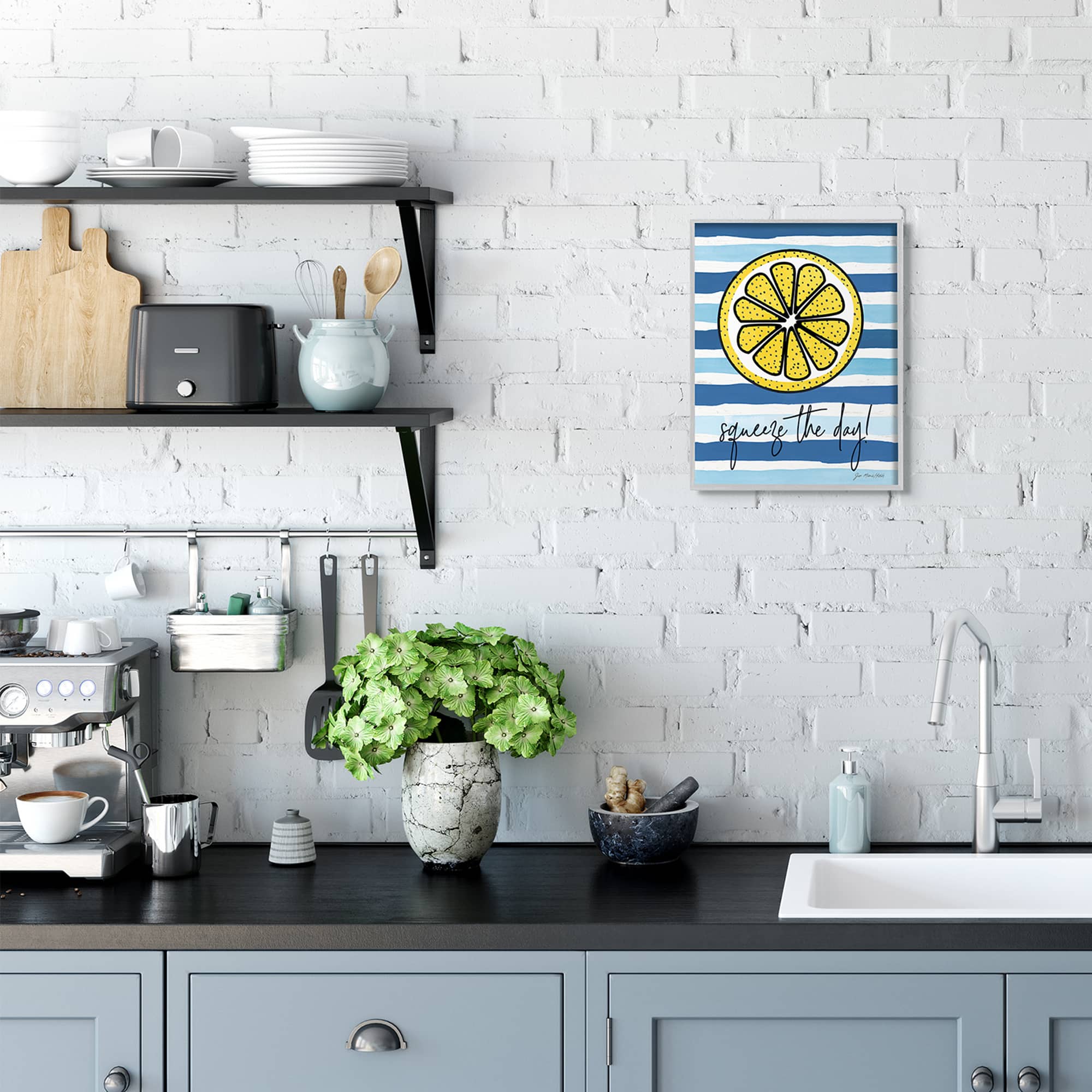 Stupell Industries Squeeze The Day Expression Lemon Nautical Stripes in Gray Frame Wall Art