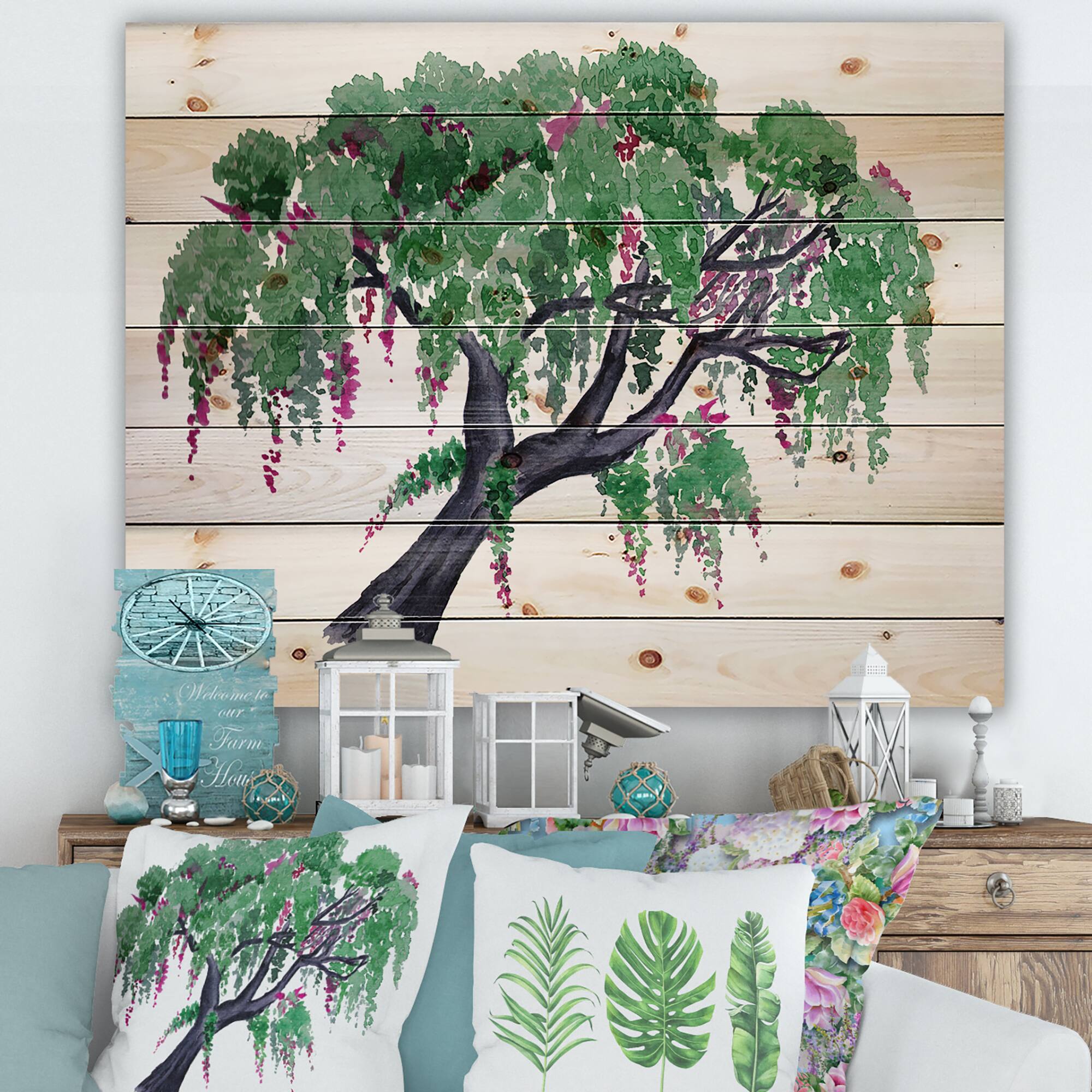 Designart - Tree of Wisteria - Traditional Print on Natural Pine Wood