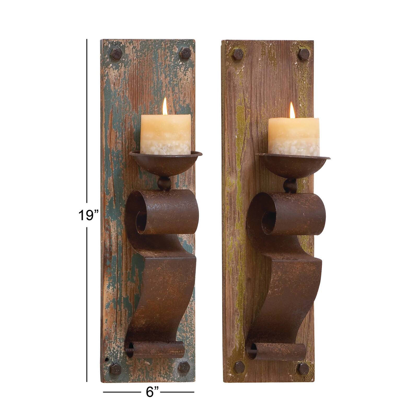Set of 2 Brown Wood Rustic Wall Sconce, 6" x 19"