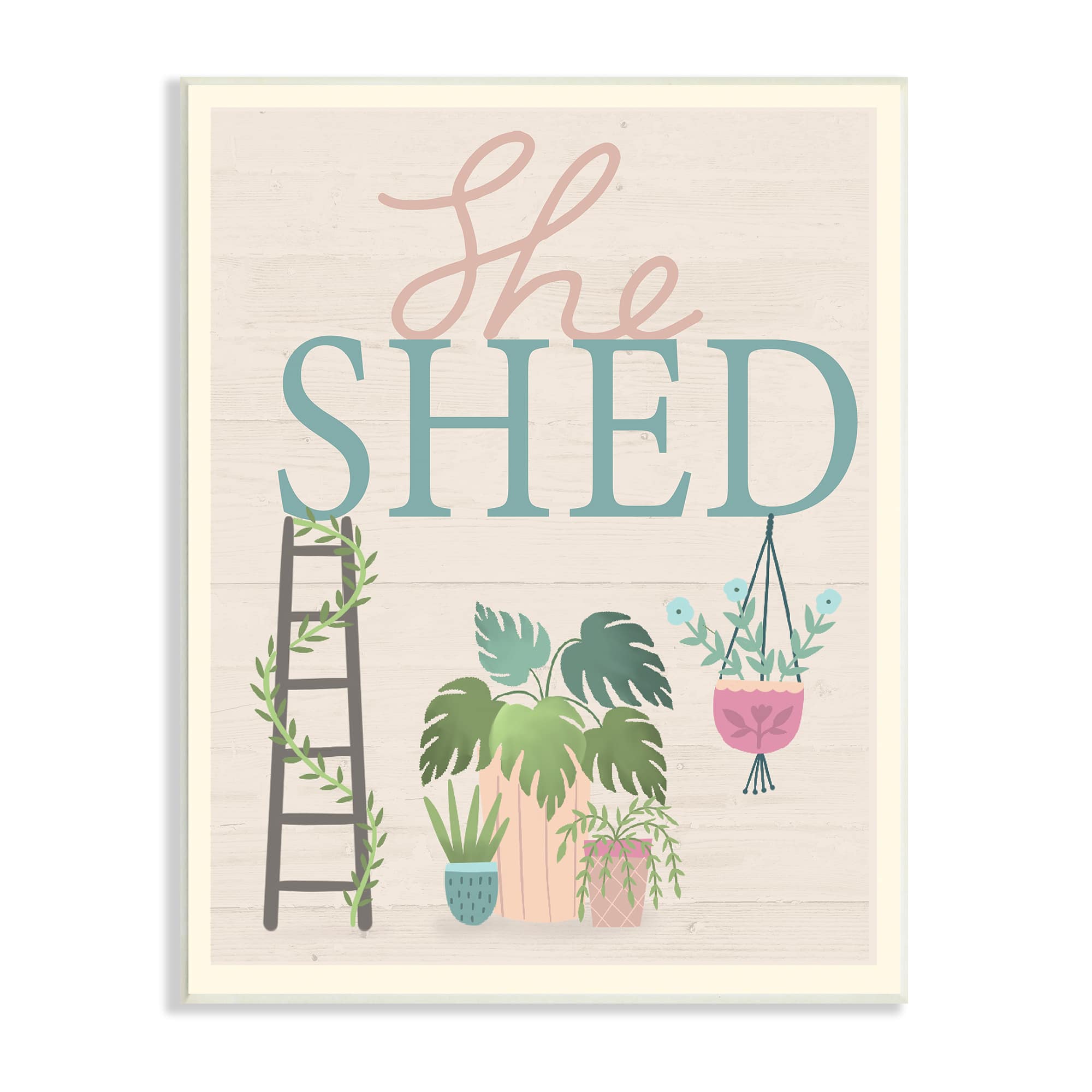 Stupell Industries She Shed Sign Tropical Plants Ladder and Green Vines Wall Plaque