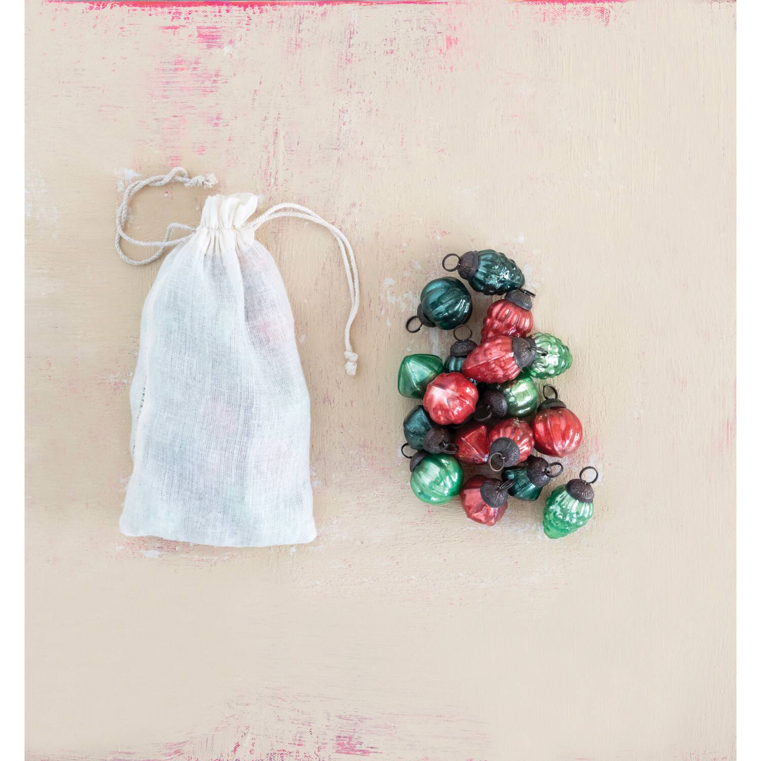 Hello Honey&#xAE; 36ct. 1&#x22; Red &#x26; Green Embossed Mercury Novelty Ornaments in Muslin Bag