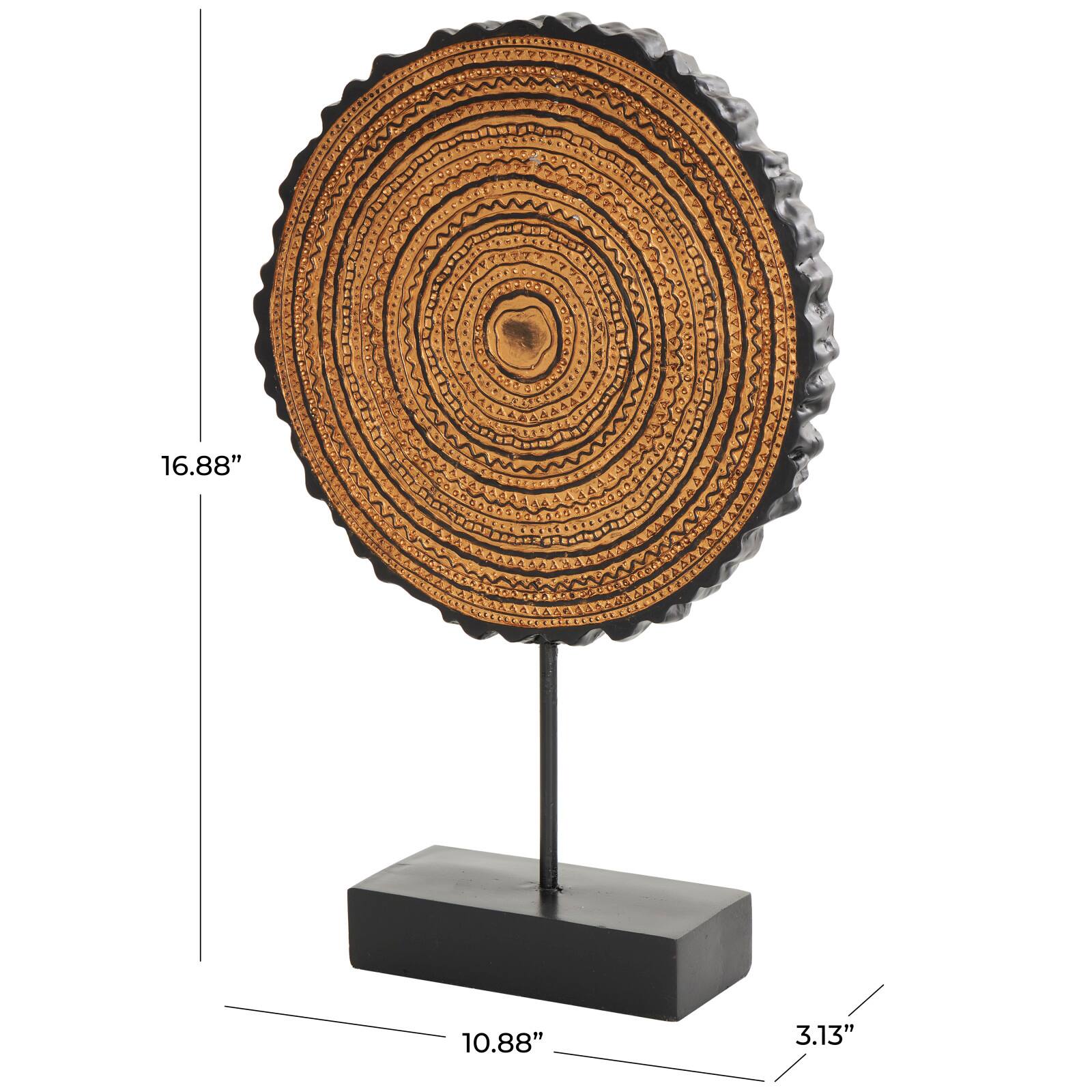 17" Brown Metal Tribal Carved Circular Sculpture with Black Stand & Wavy Edge