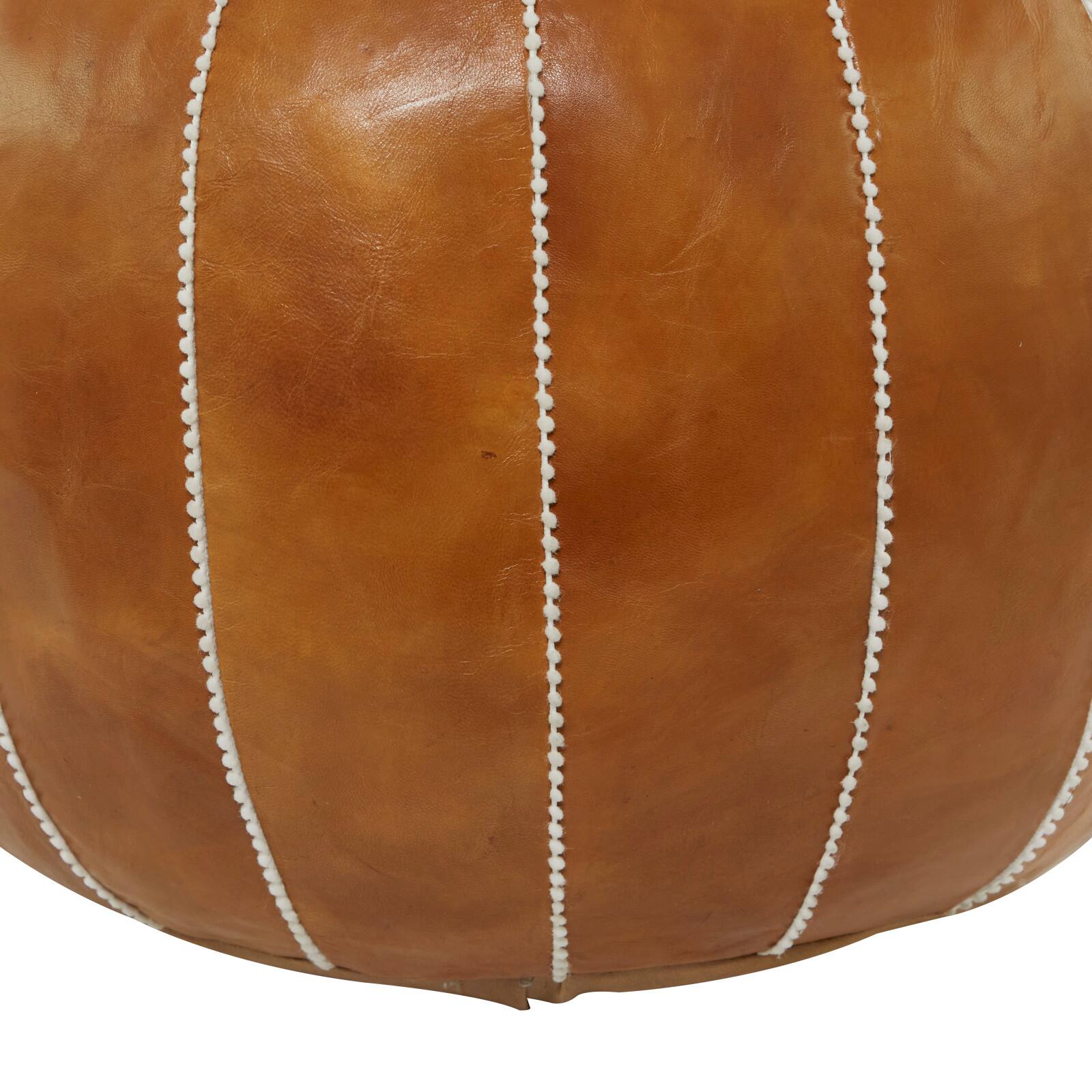 Light Brown Leather Bohemian Pouf, 24&#x22; x 24&#x22; x 18&#x22;