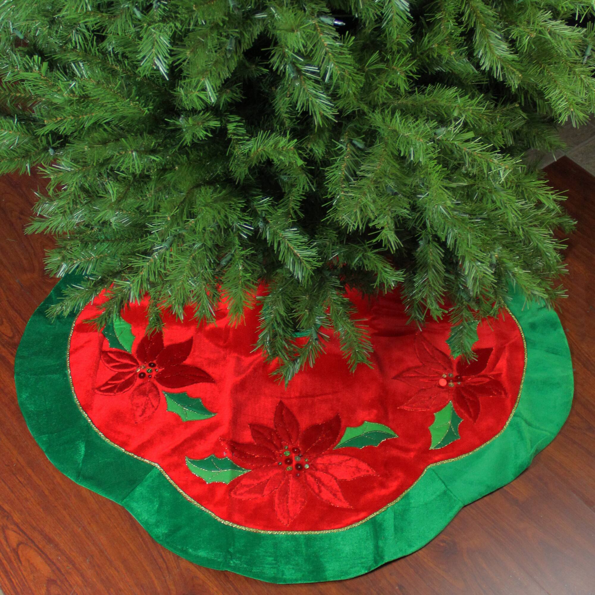 48" Red Sequined Poinsettia & Velveteen Trim Tree Skirt