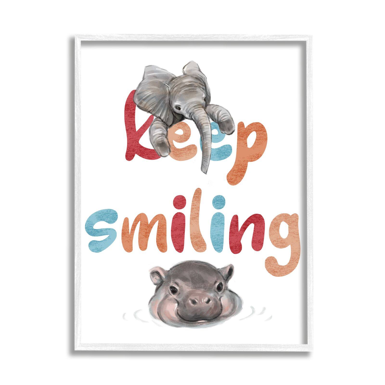 Stupell Industries Keep Smiling Motivational Children's Phrase Baby Elephant Hippo Framed Wall Art