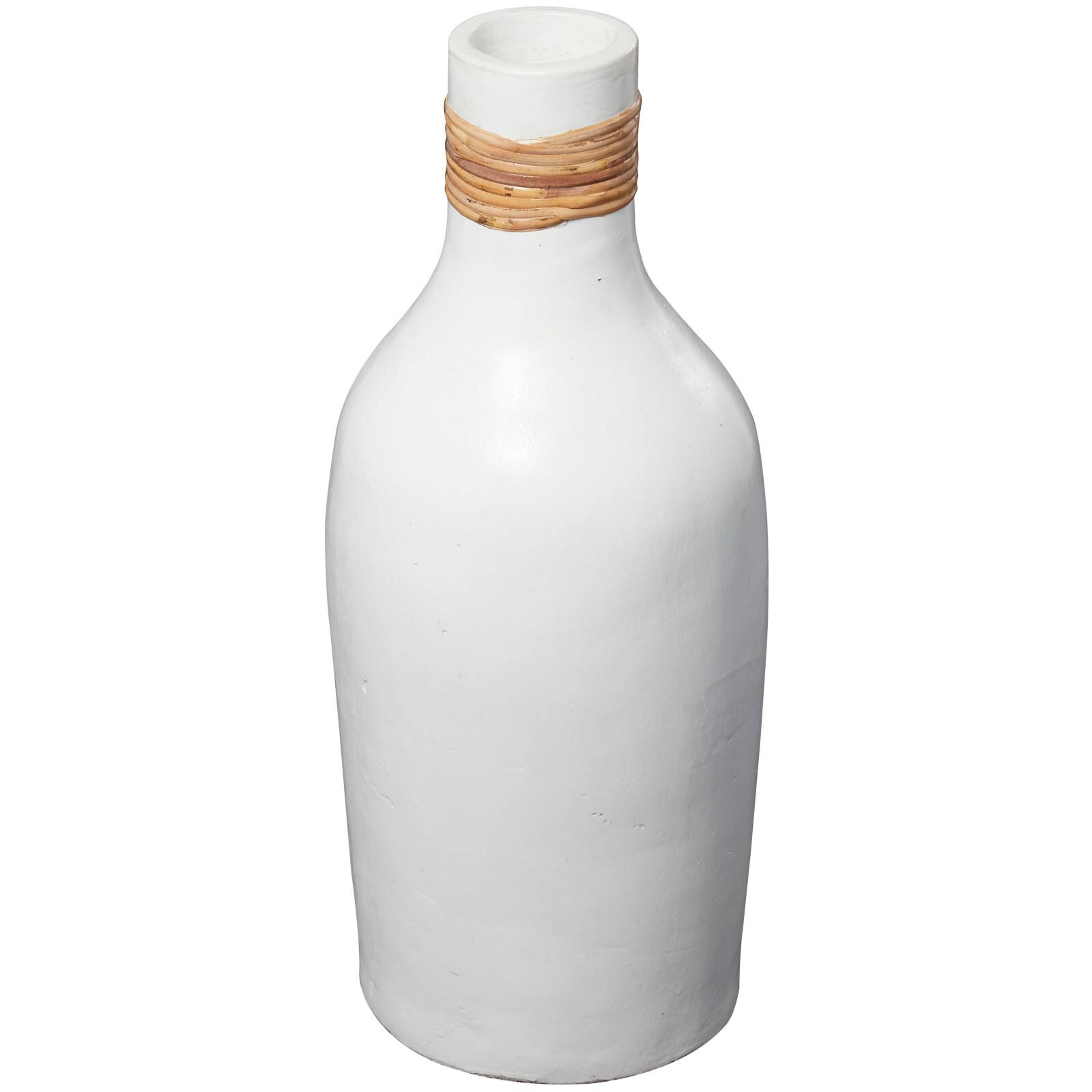 20" White Ceramic Vase with Wrapped Rattan Detailing