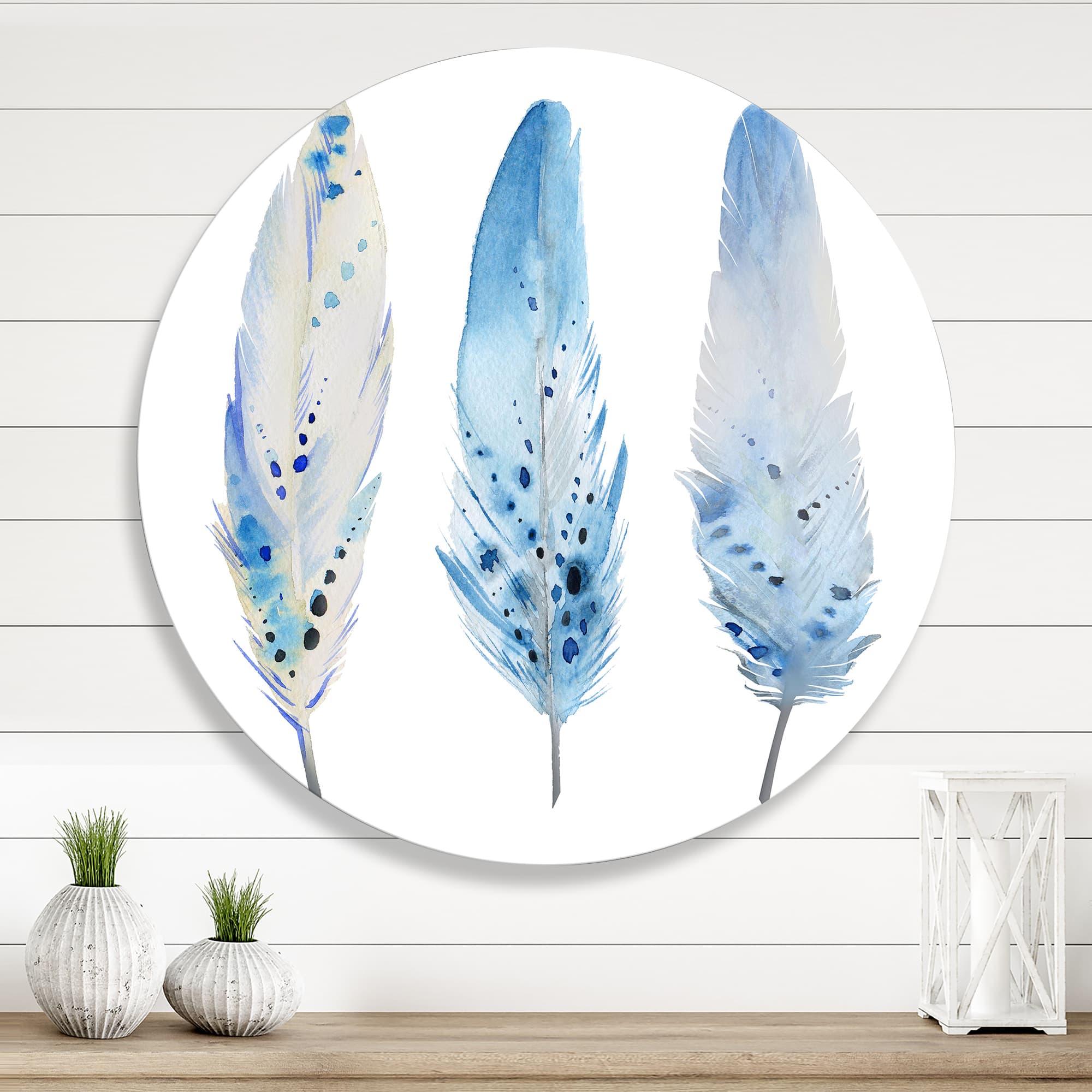 Designart - Blue Boho Feathers II - Lake House Metal Circle Wall Art