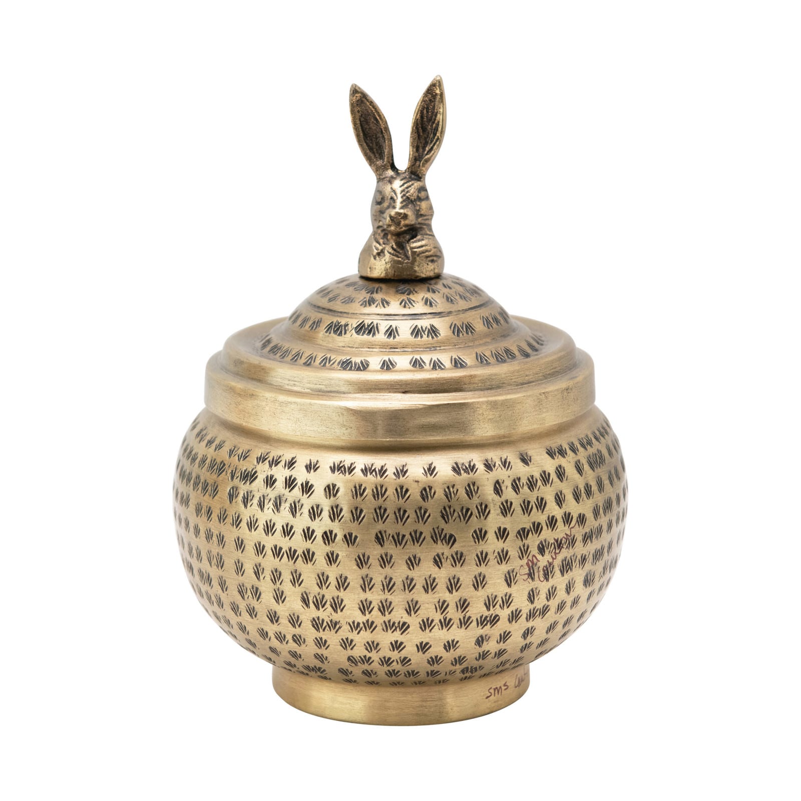 8&#x27;&#x27; Brass Finished Hammered Metal Container with Rabbit Finial