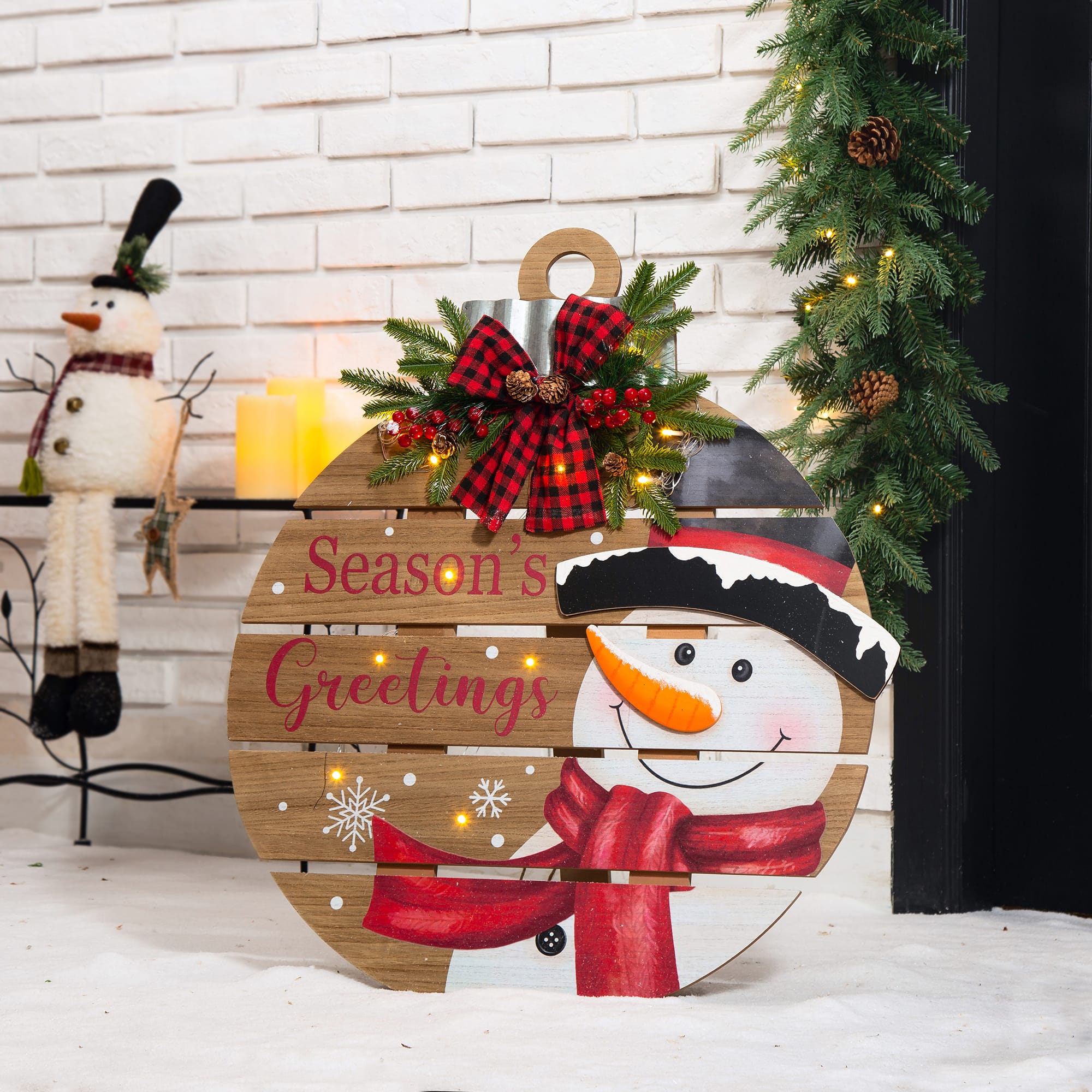 Glitzhome® 30" Lighted Round Wooden Snowman Porch Décor with Timer