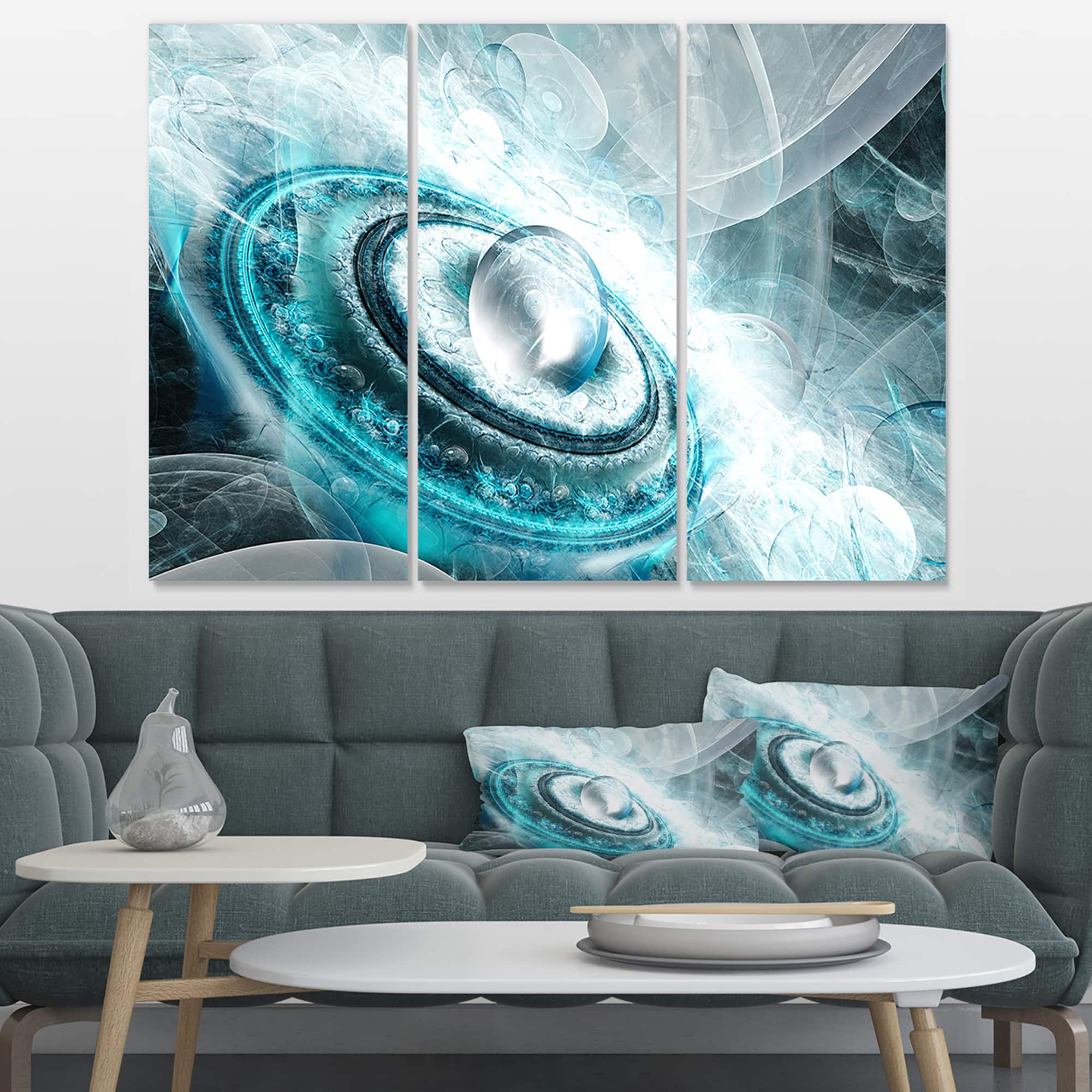 Designart - Blue Fractal Flying Saucer - Floral Canvas Art Print