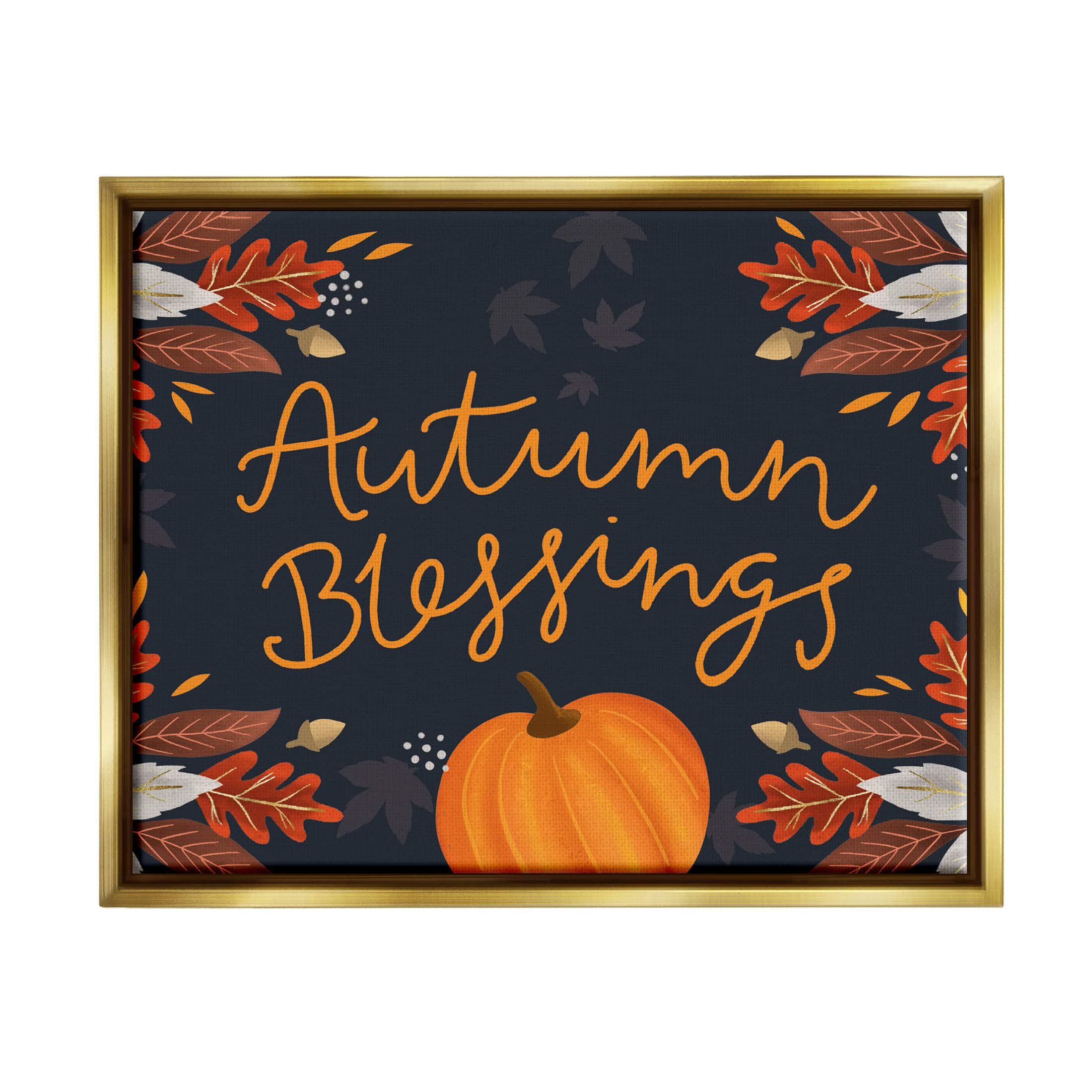 Stupell Industries Autumn Blessings Fall Leaves Pumpkin Framed Floater Canvas Wall Art