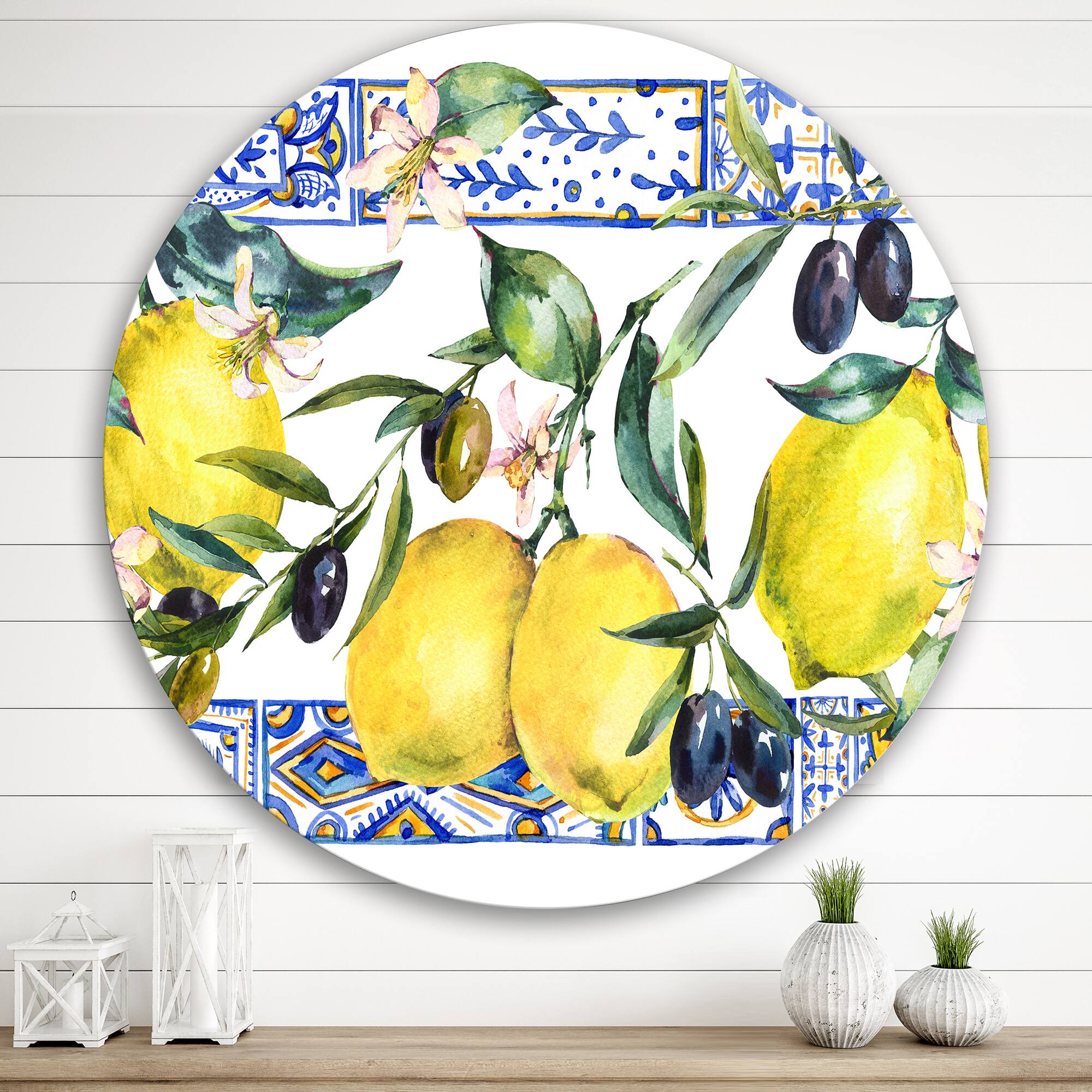 Designart - Lemon Ornament On Blue Geometrical Pattern II - Tropical Metal Circle Wall Art