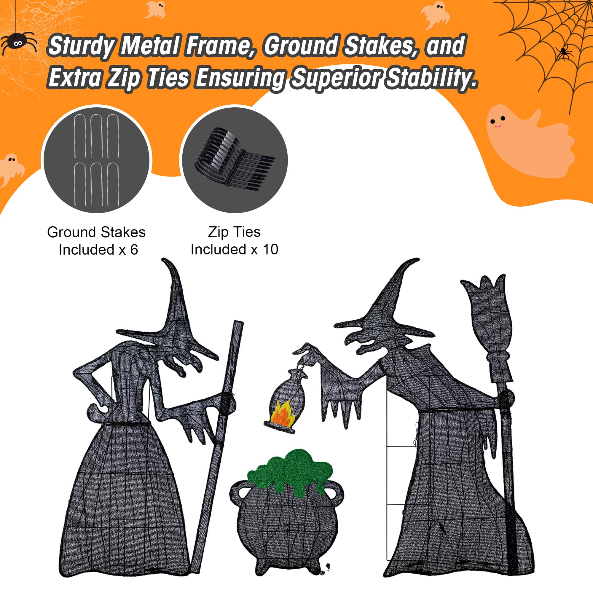 Glitzhome&#xAE; Set of 3 Lighted Halloween 2.5D Witches with Cauldron Outdoor Decor