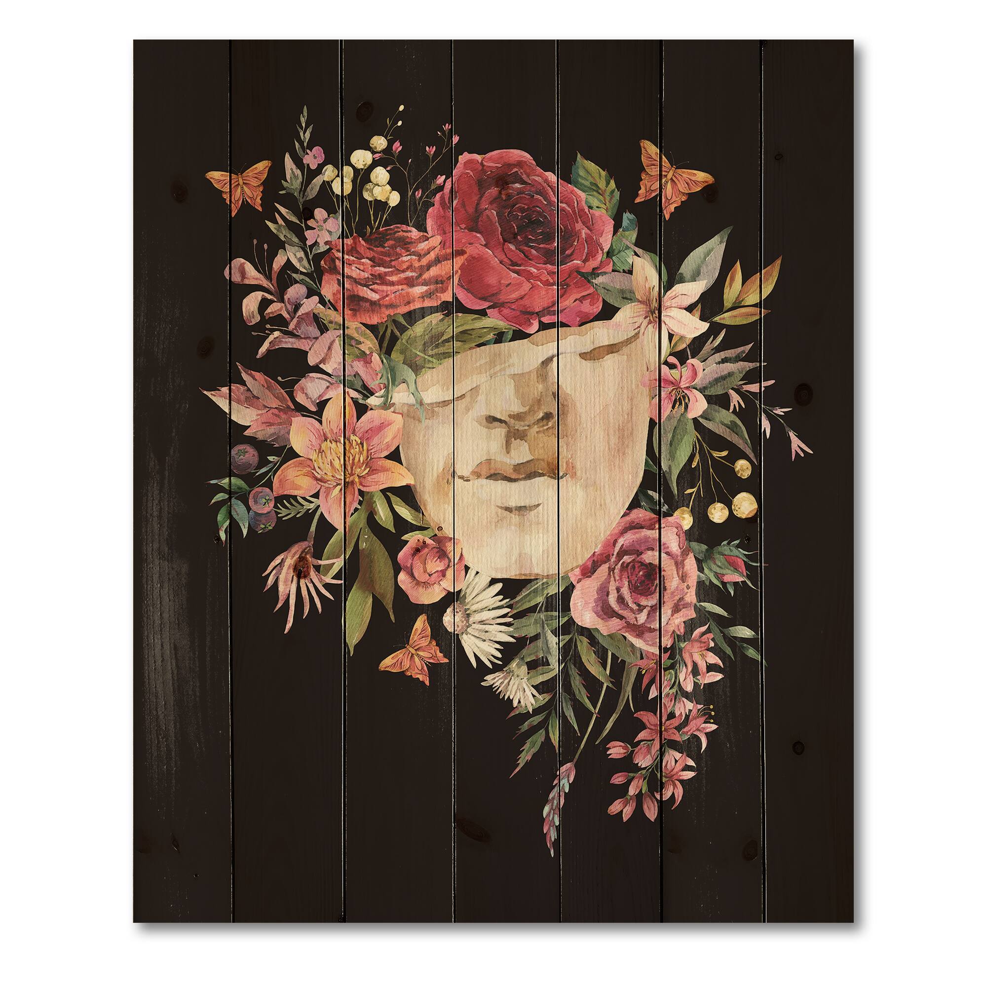 Designart - Vintage Greek Sculpture Detail With Dry Flowers - Traditional Print on Natural Pine Wood