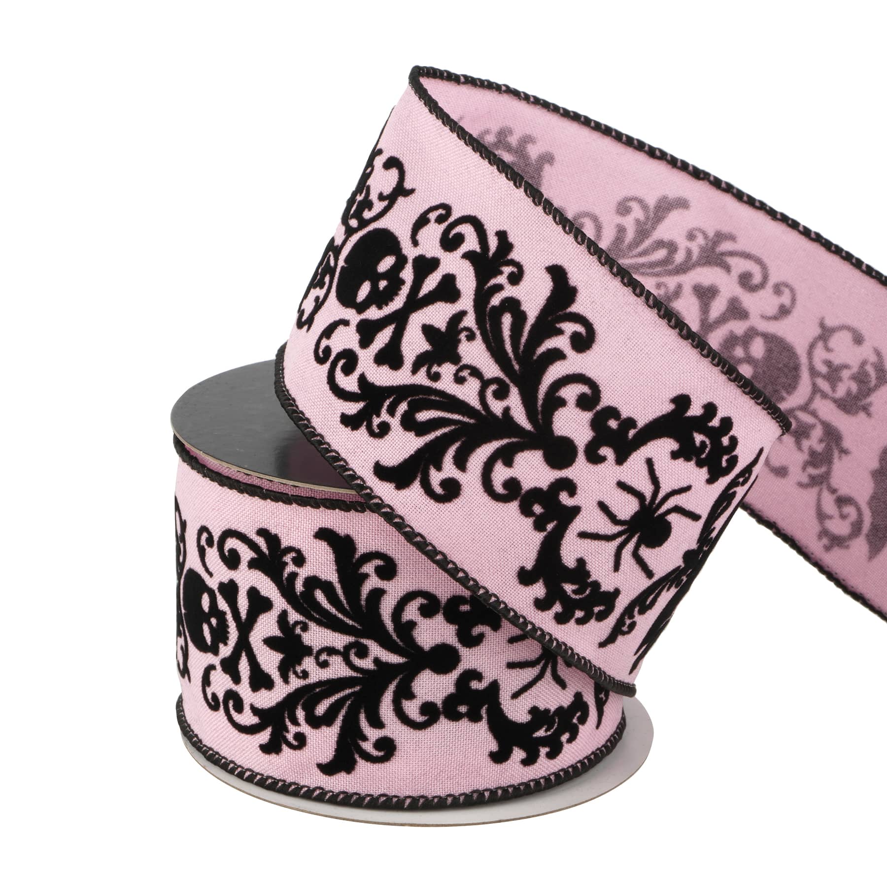 2.5&#x22; x 20ft. Black &#x26; Pink Flocked Damask Skulls Wired Ribbon by Celebrate It&#xAE; Halloween