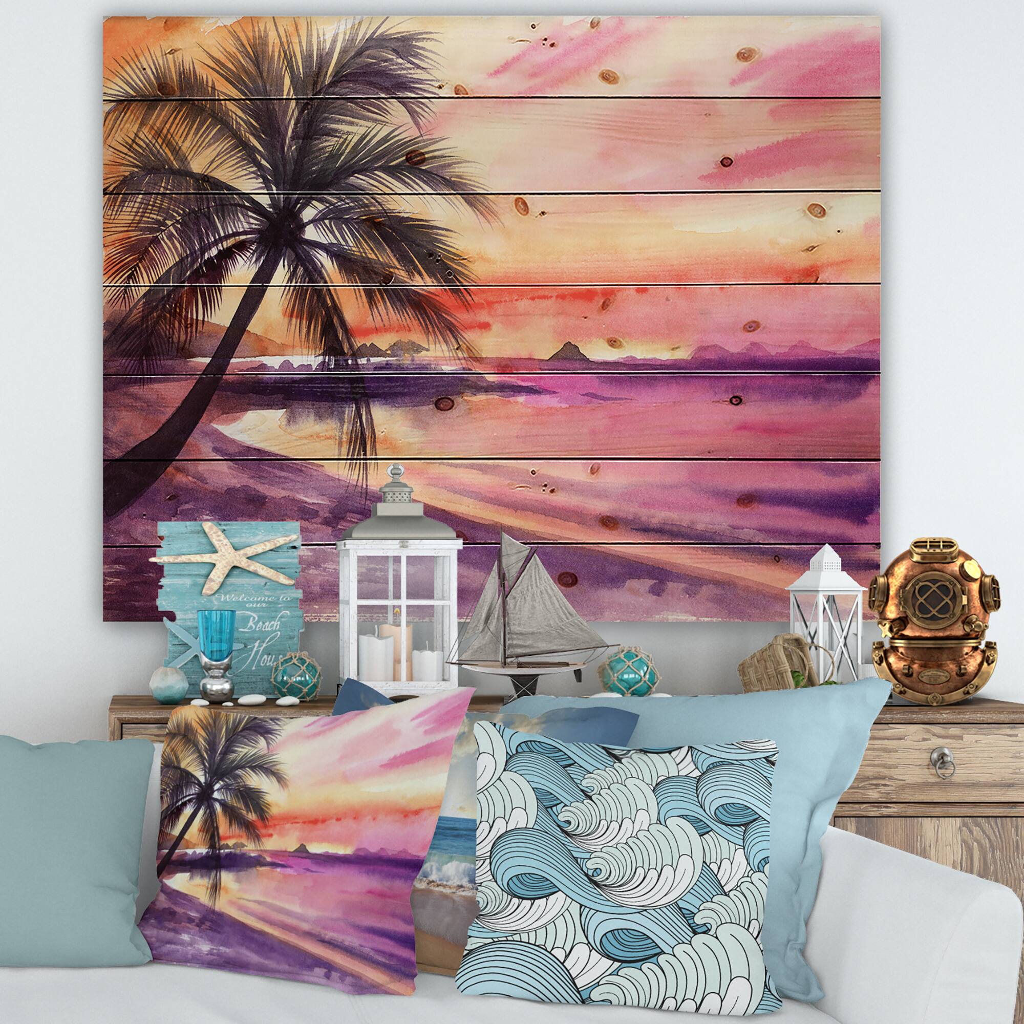 Designart - Pink and Purple Palm Beach Sunset - Nautical &#x26; Coastal Print on Natural Pine Wood