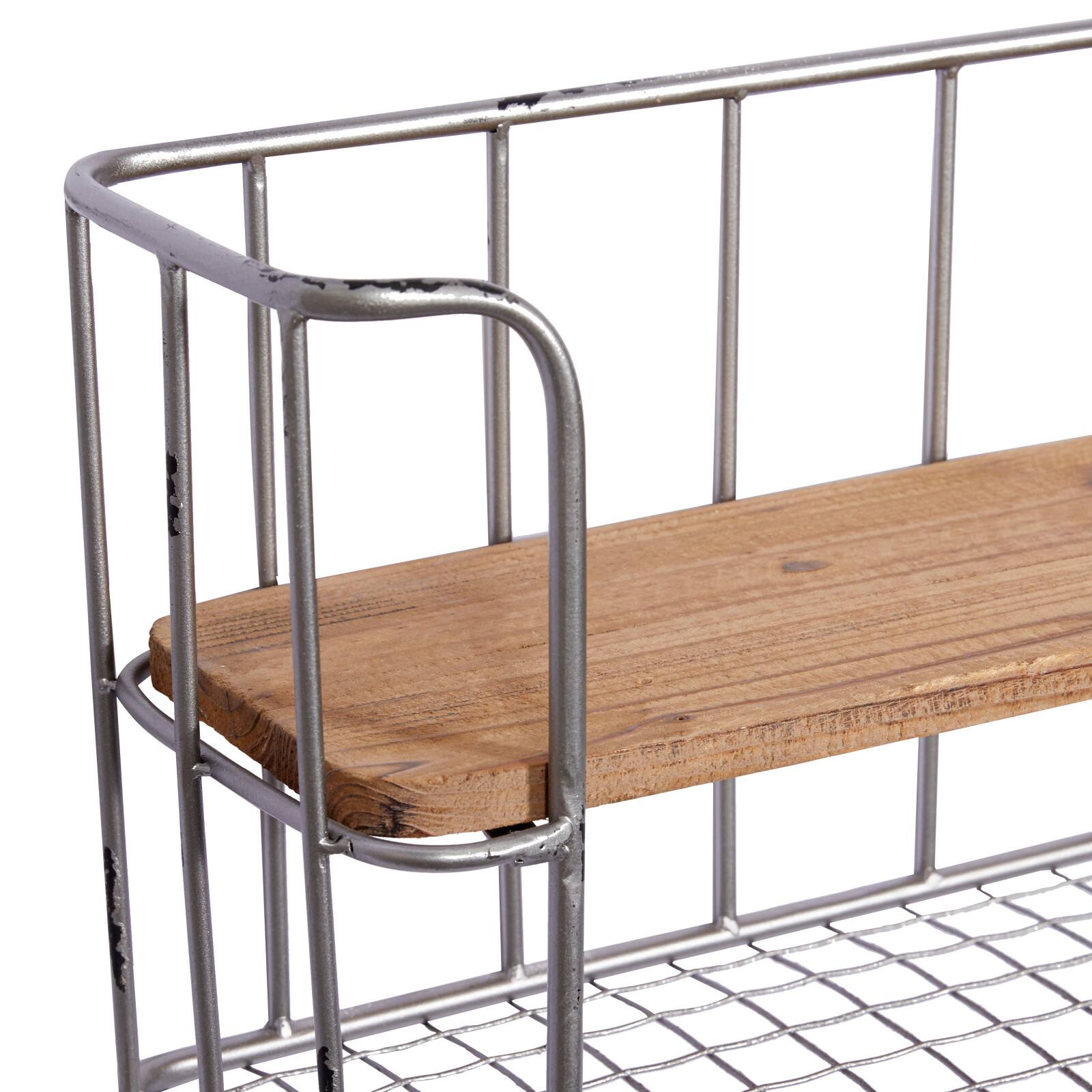 Set of 2 Silver Metal Basket & Wooden Wall Shelf Units With Hooks