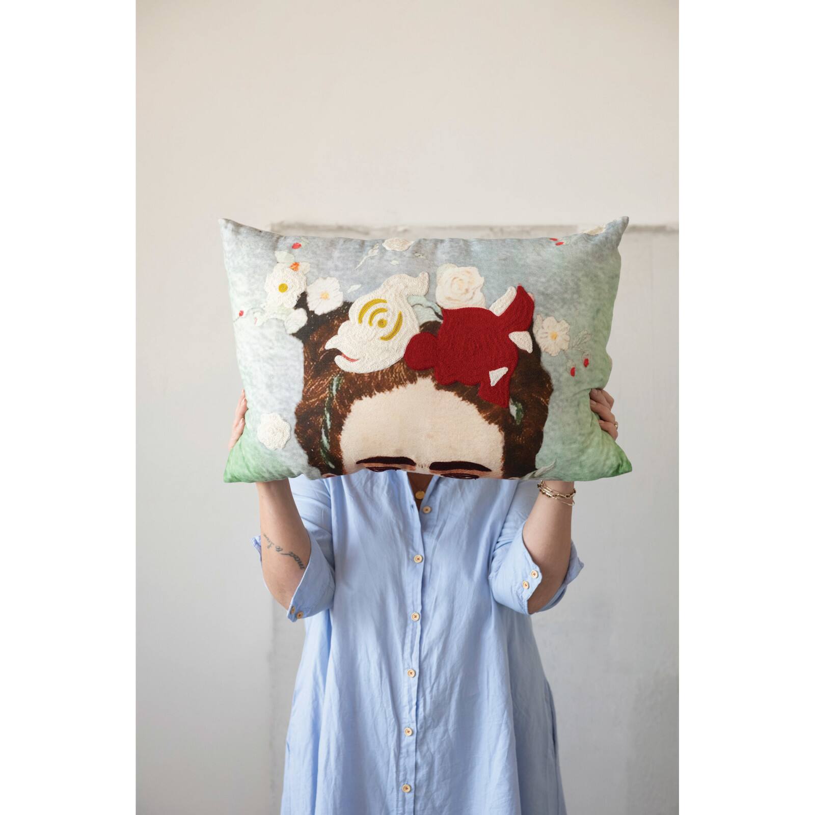 Hello Honey® Printed Frida Kahlo with Embroidery Cotton Lumbar Pillow