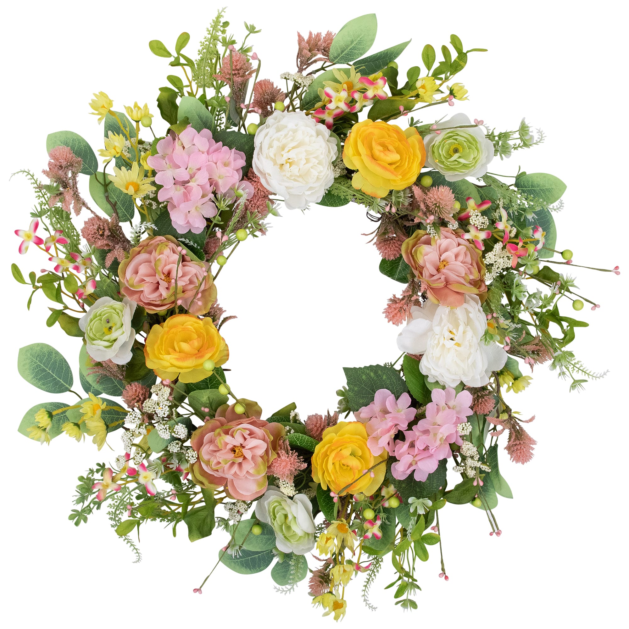 26&#x22; Pink &#x26; Yellow Rose &#x26; Hydrangea Floral Spring Wreath