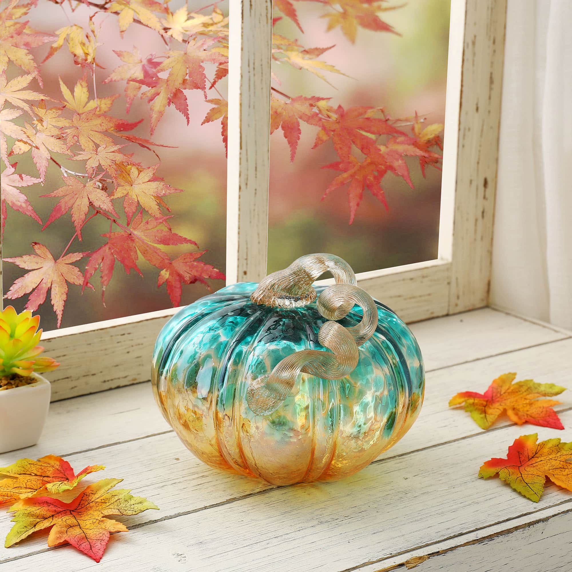 Glitzhome® Small Glitter Glass Pumpkin, Blue & Gold