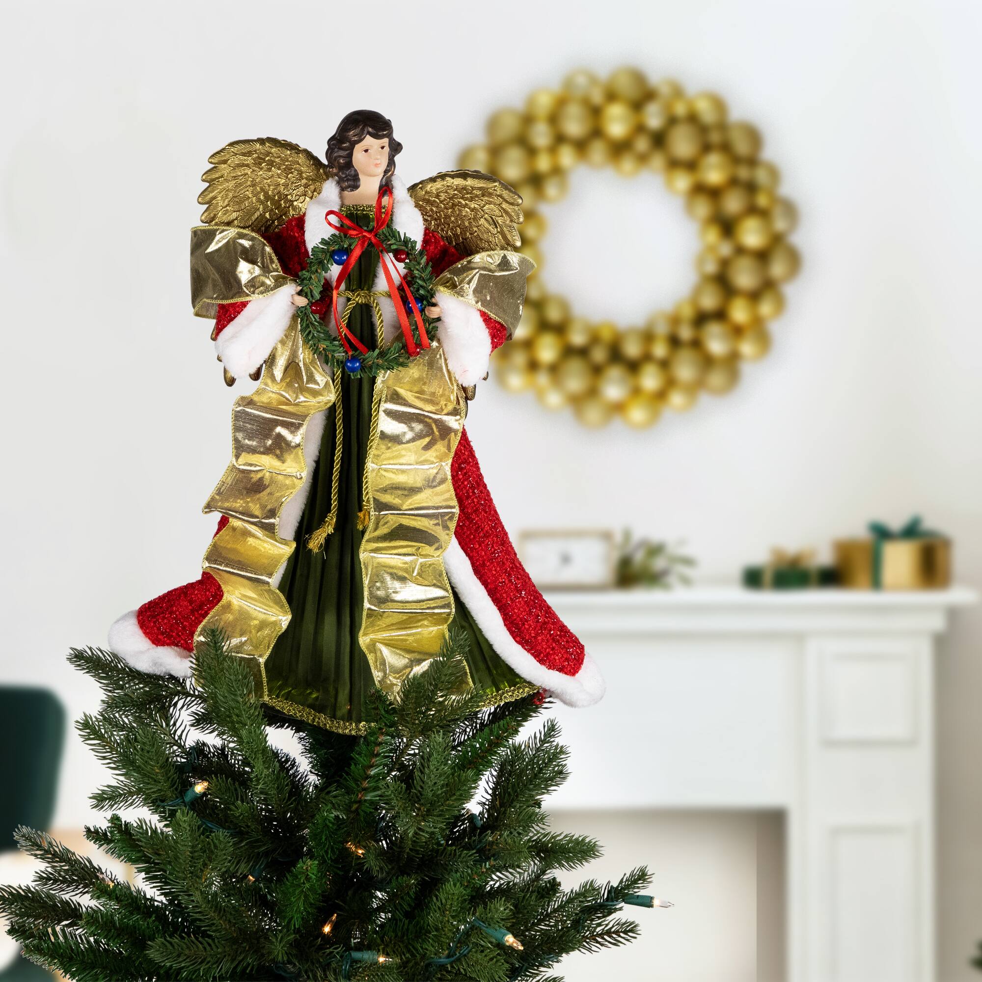 18" Unlit Red and Green Angel with Wreath Christmas Tree Topper