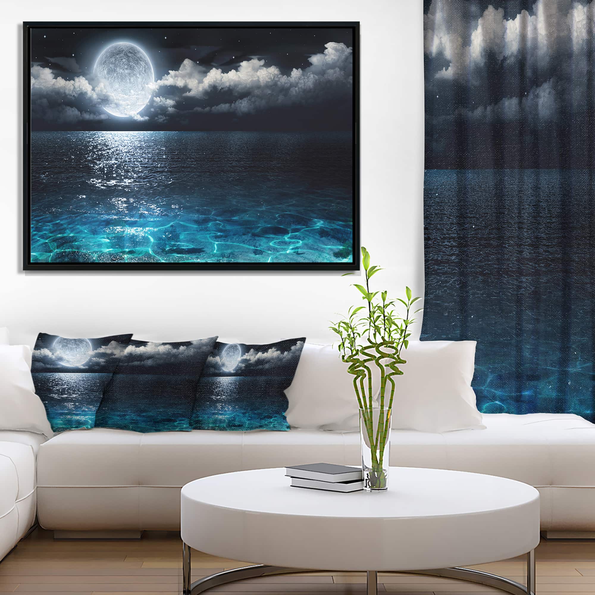 Designart - Romantic Full Moon Over Sea - Seascape Framed Canvas Art Print