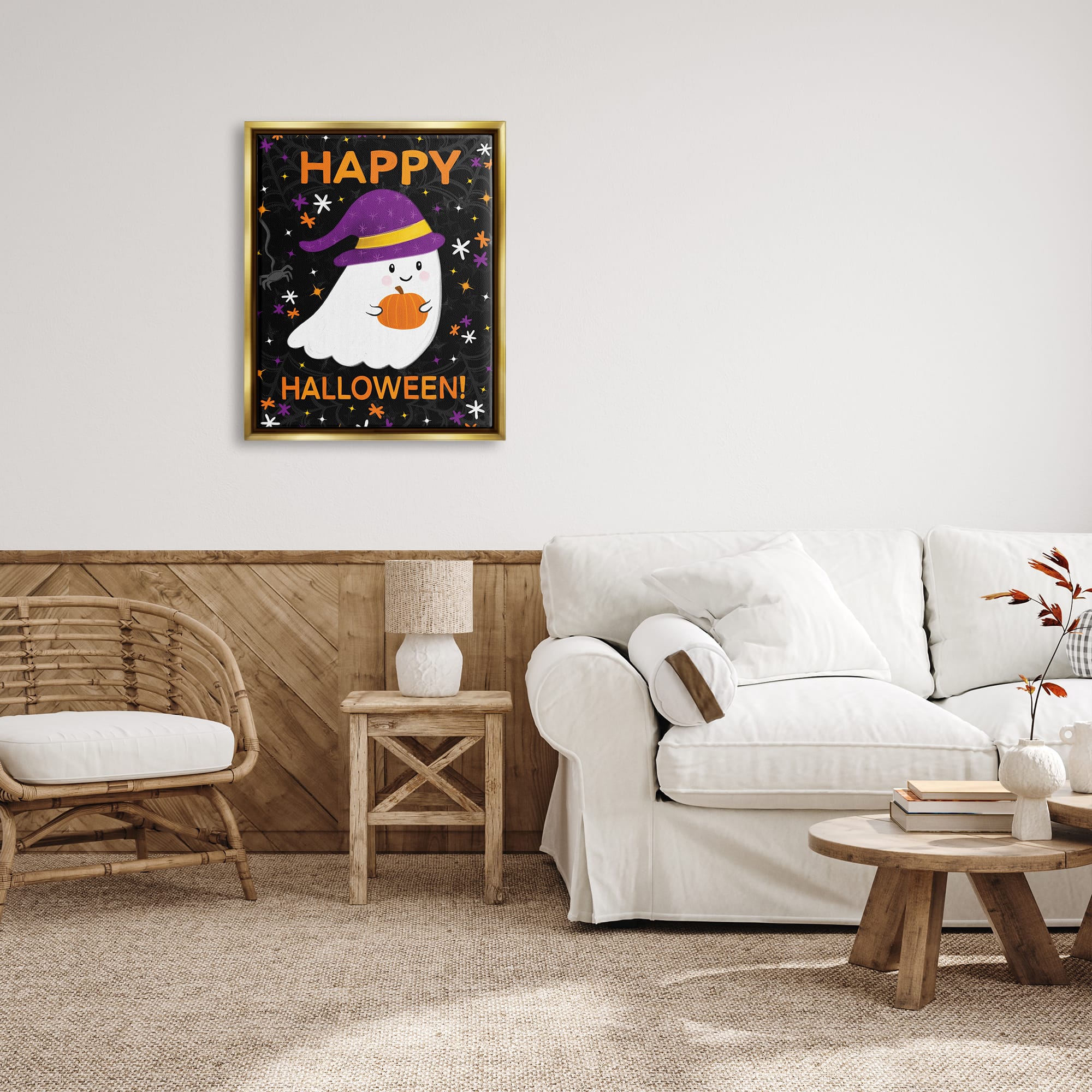 Stupell Industries Happy Halloween Happy Ghost Framed Floater Canvas Wall Art