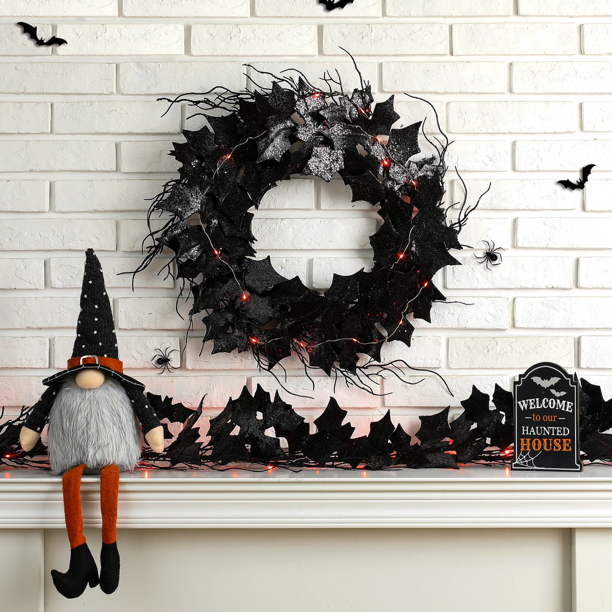 Glitzhome&#xAE; Lighted Halloween Bat Garland &#x26; Wreath Set