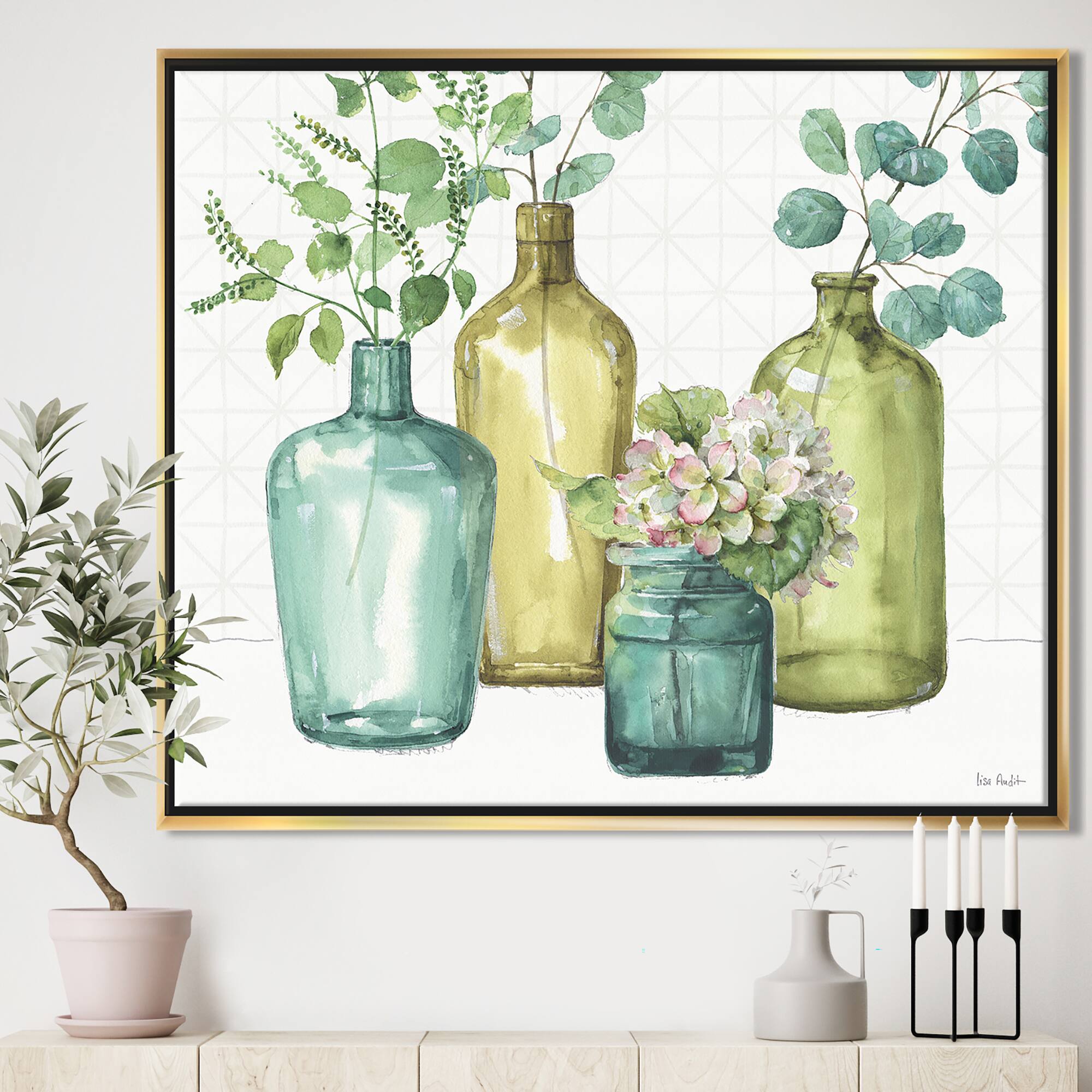 Designart - Mixed Botanical Green Leaves VIII - Cottage Canvas in Gold Frame