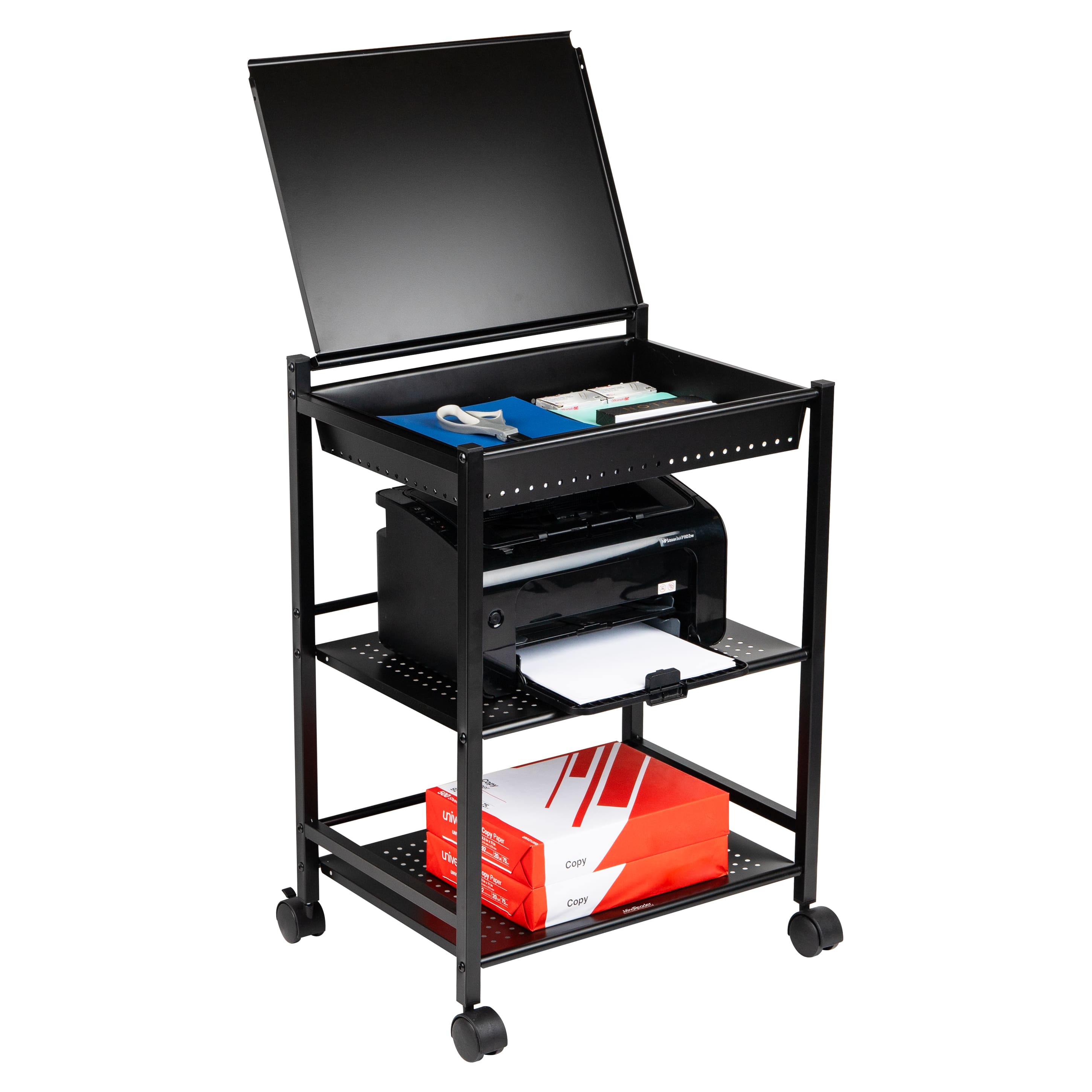 Mind Reader Cart with Covered Compartment, Office Organizer, Storage, 3-Tier, Office, Metal, Black