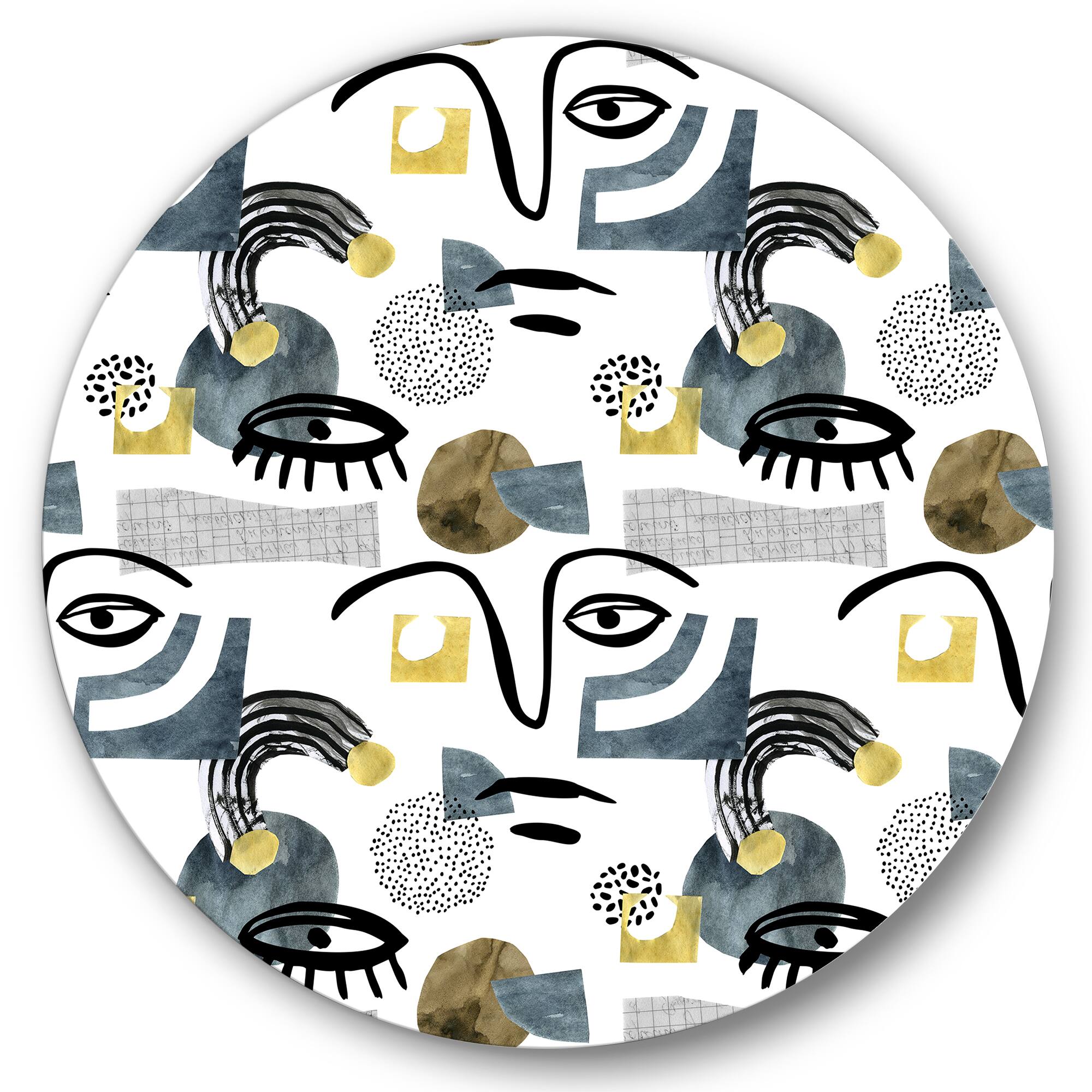 Designart - Collage of Eyes &#x26; Doodles In Contemporary Style I - Modern Metal Circle Wall Art