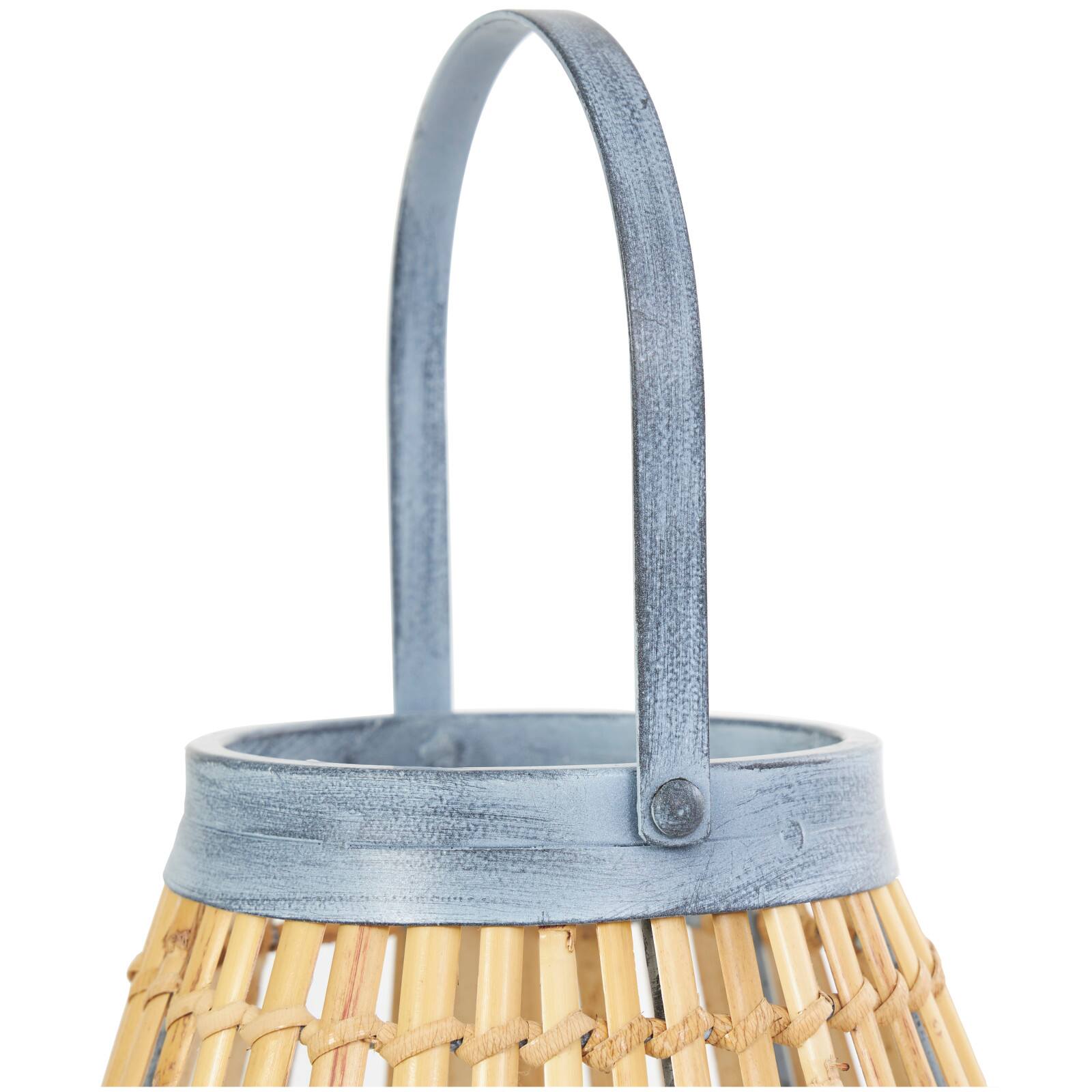 16" Brown Bamboo Handmade Open Framed Candle Lantern with Blue Metal Accents & Handle