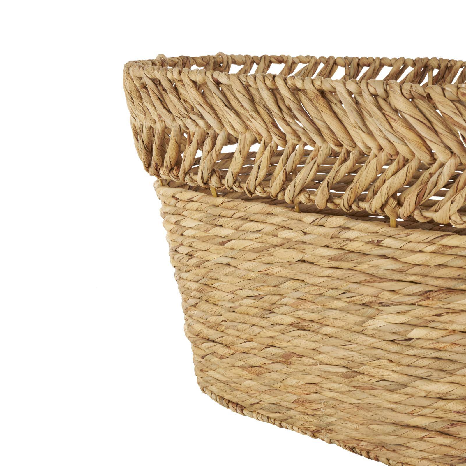 30" Brown Seagrass Handmade Woven Oval Storage Basket with Zig Zag Patterned Rim