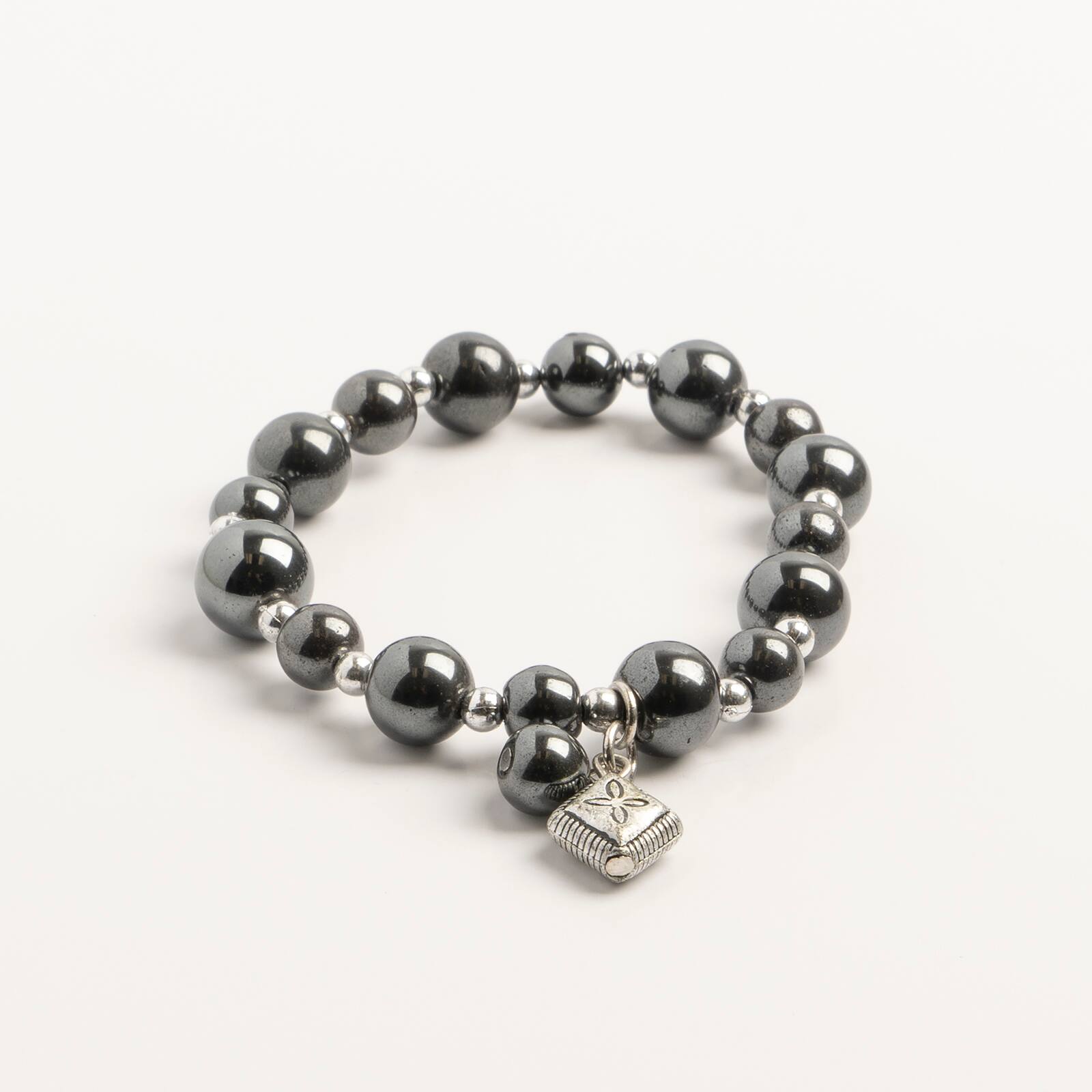 John Bead Hematite Gray Natural Stone Bracelet with Rhombus Charm