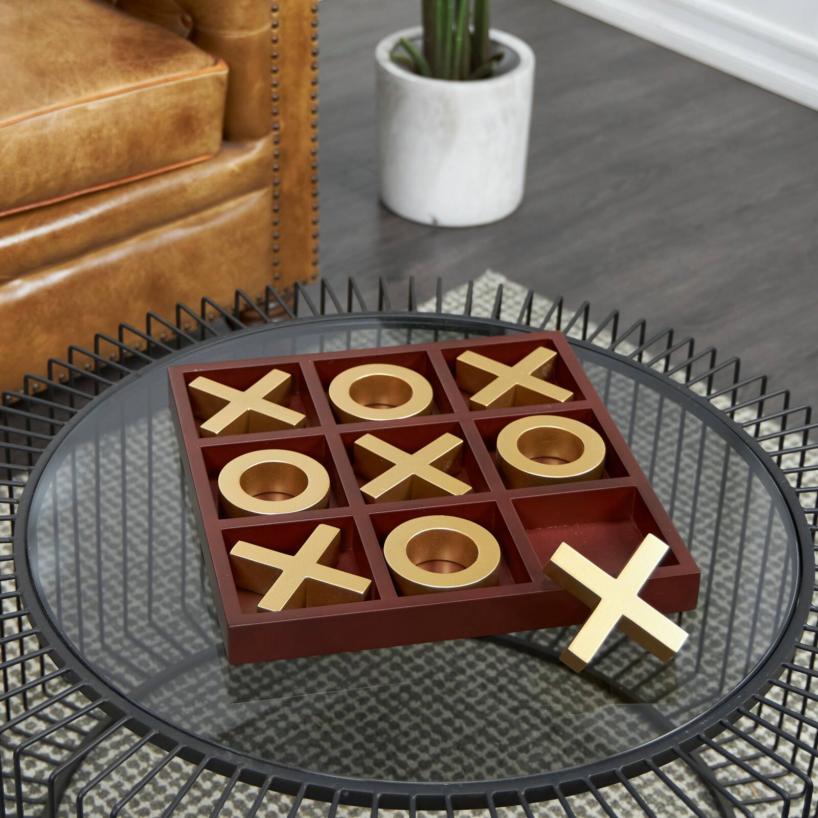 14" x 14" Brown Wooden Tic Tac Toe Game Set with Gold X & O Pieces