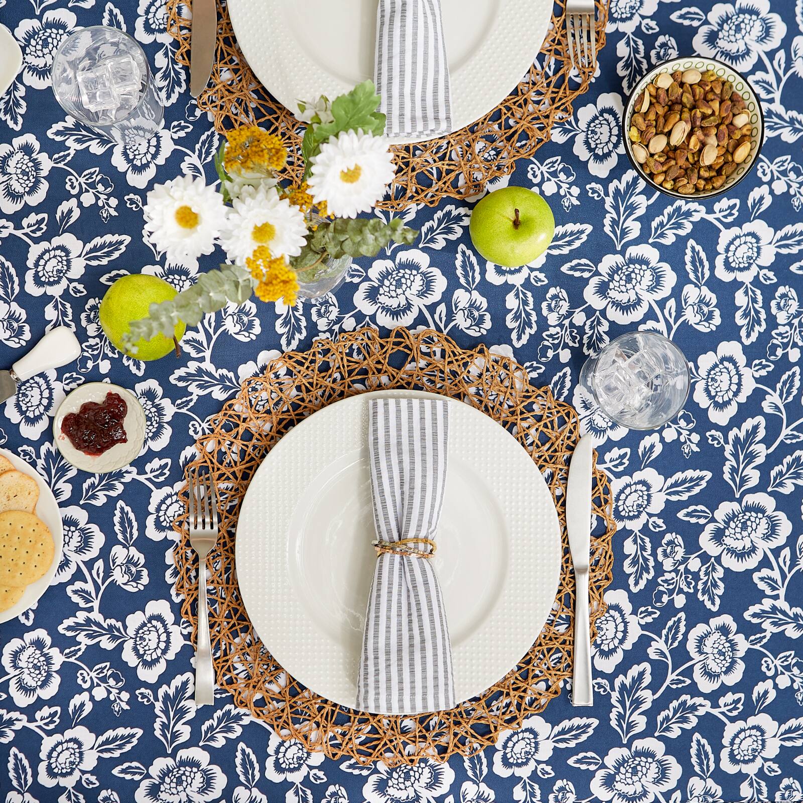 Nautical Blue  Floral Print Outdoor Tablecloth, 60&#x22; Round