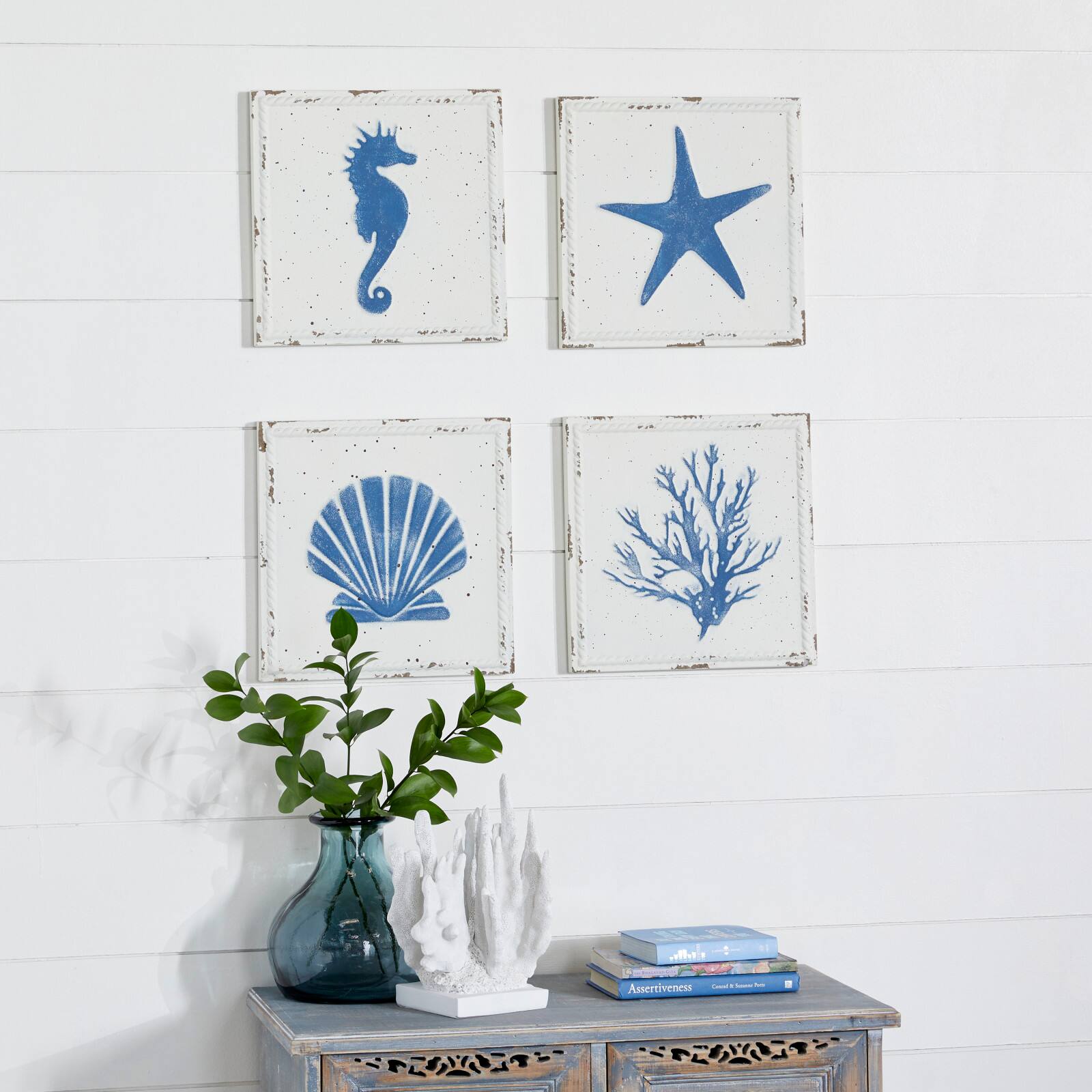 Set of 4 White Metal Coastal Wall Decor, 12" x 12"