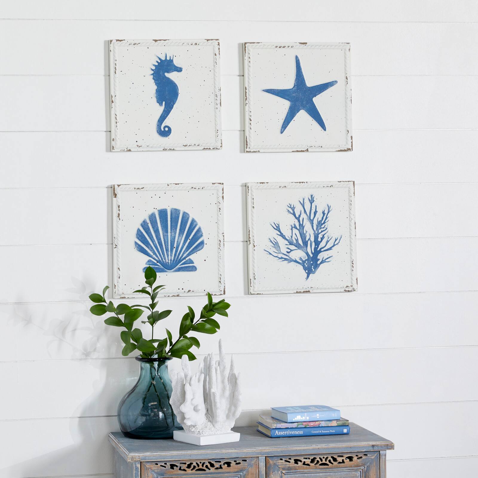 Set of 4 White Metal Coastal Wall Decor, 12