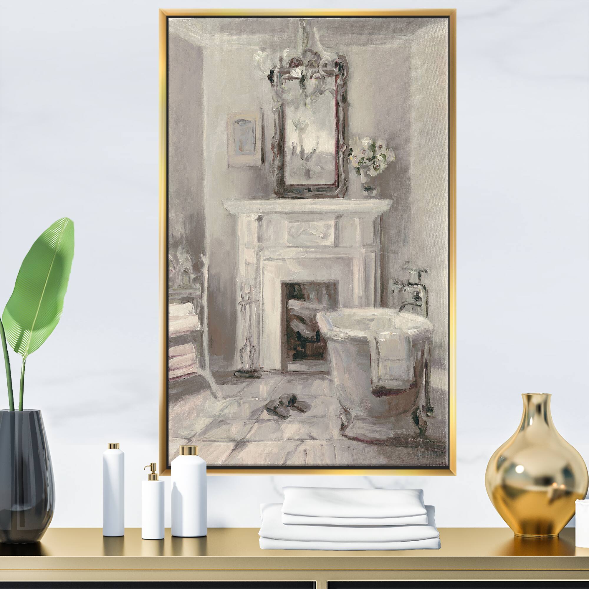 Designart - French Bathroom Vintage I - Traditional Bathroom Canvas in Gold Frame