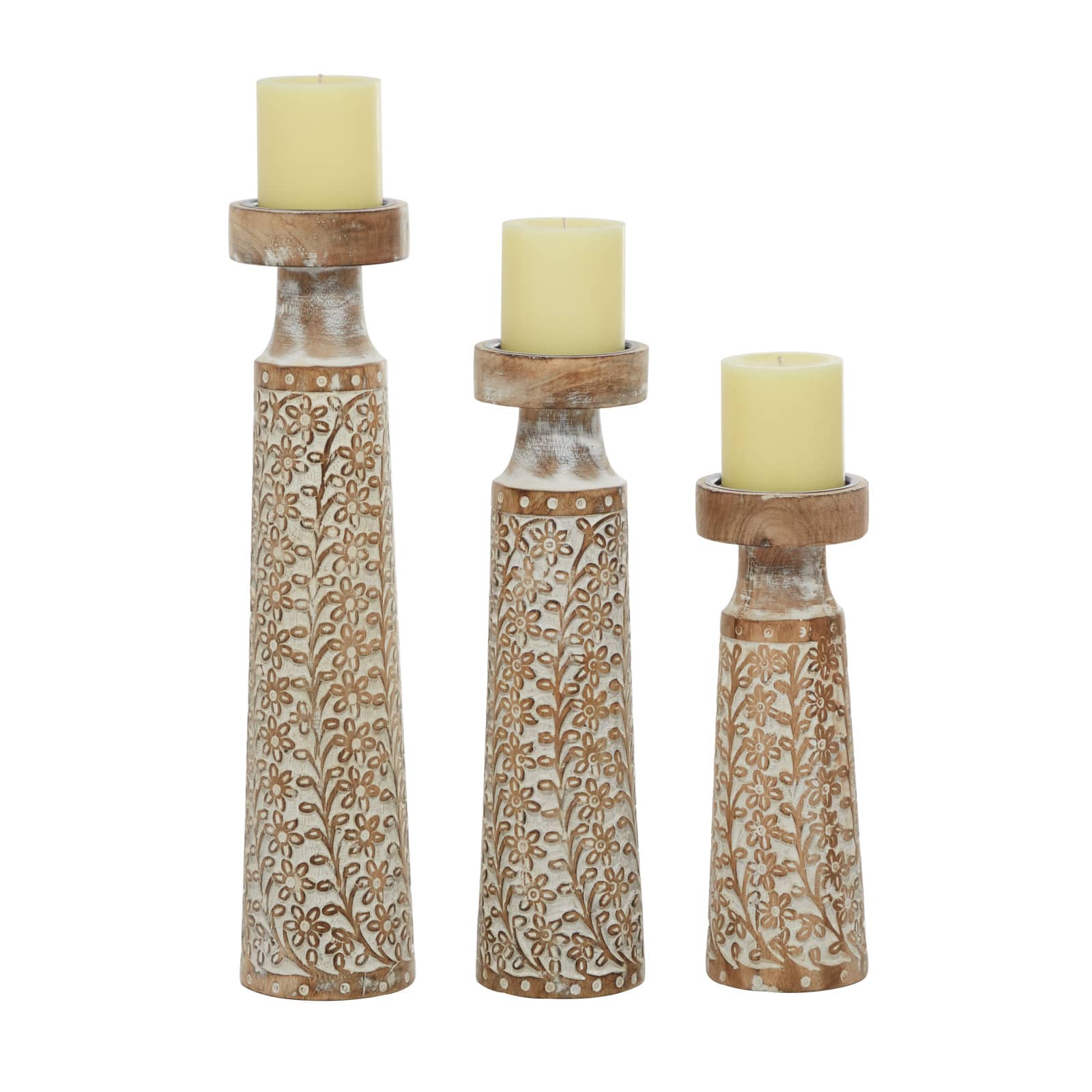 Brown Natural Mango Wood Candle Holders Set, 13", 15" & 18"