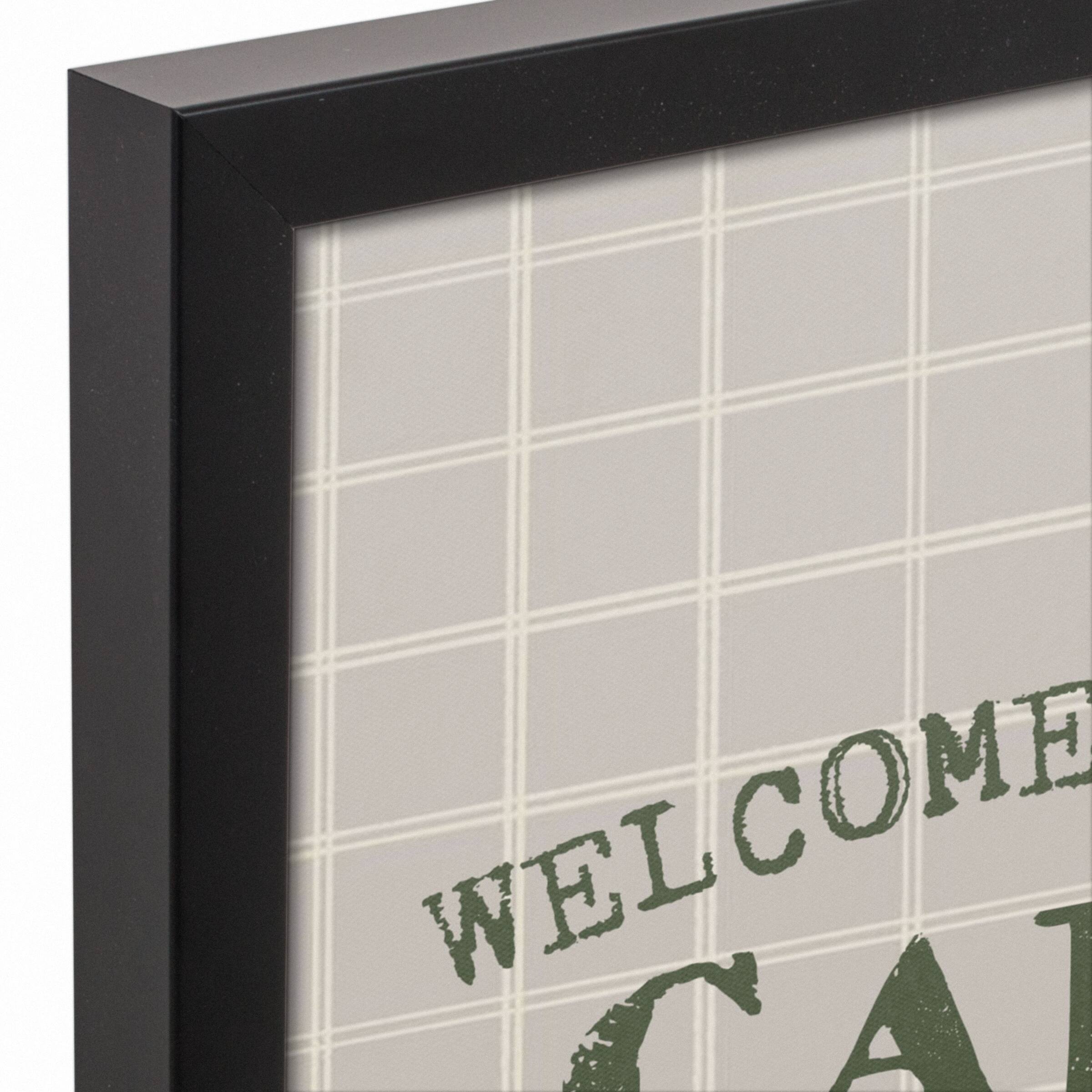 Welcome To Our Cabin Gray and White Check Canvas Wall Art in Black Frame