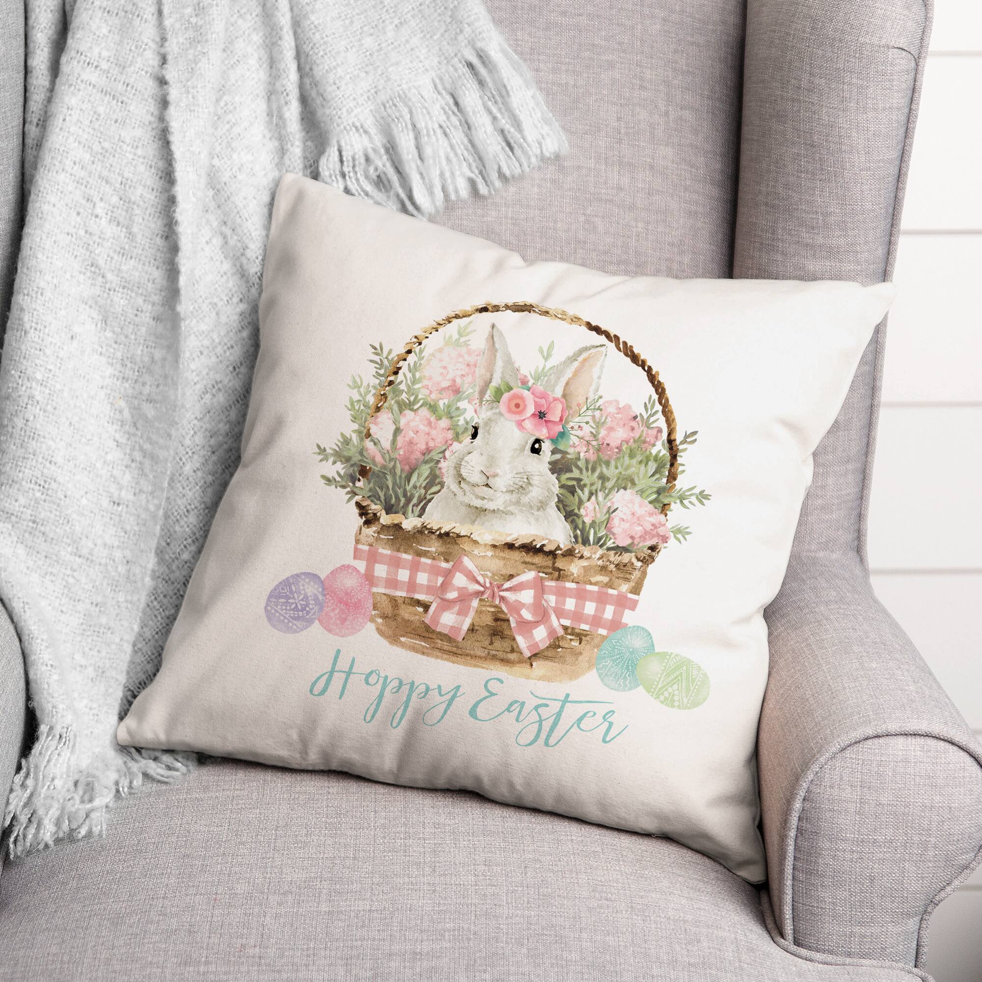 Hoppy Easter Bunny Basket Throw Pillow