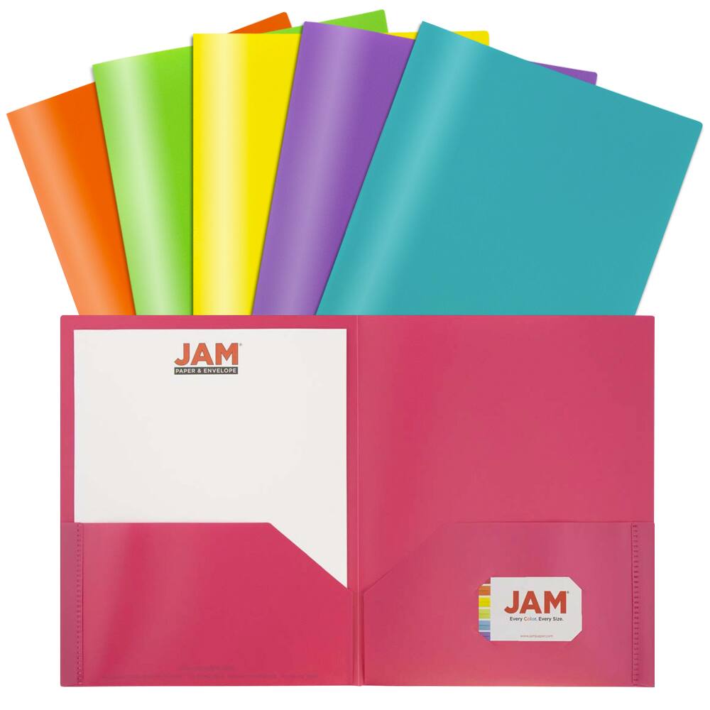 JAM Paper 9.5&#x22; x 11.5&#x22; Assorted Fashion Colors Plastic 2 Pocket School POP Folders, 6ct.