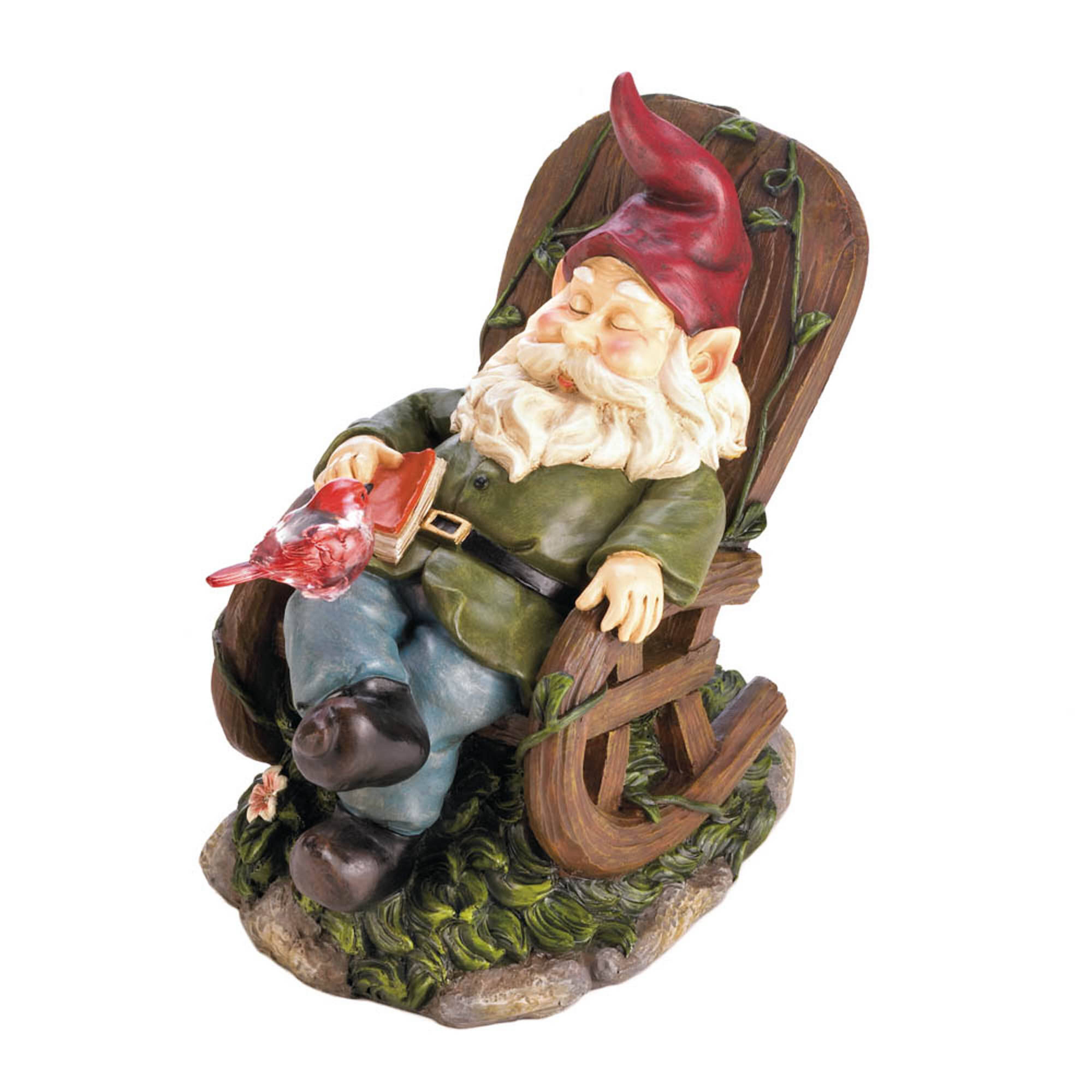 9&#x22; Solar Red Bird &#x26; Gnome Rocking Chair Statue