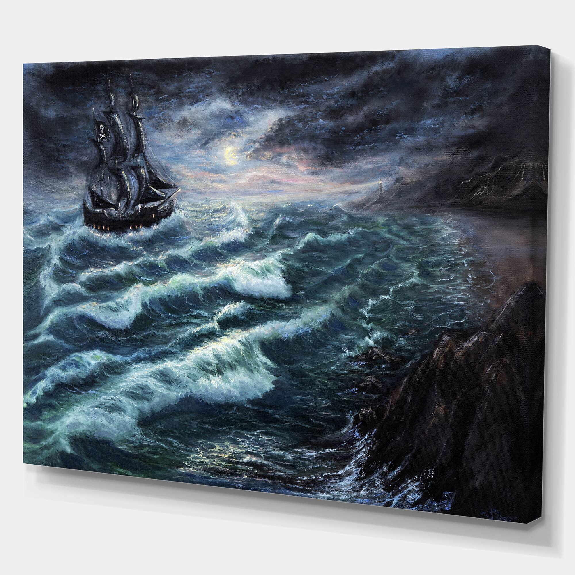 Designart - Pirate Ship Under Stormy Cloud - Sea &#x26; Shore Painting Print on Wrapped Canvas
