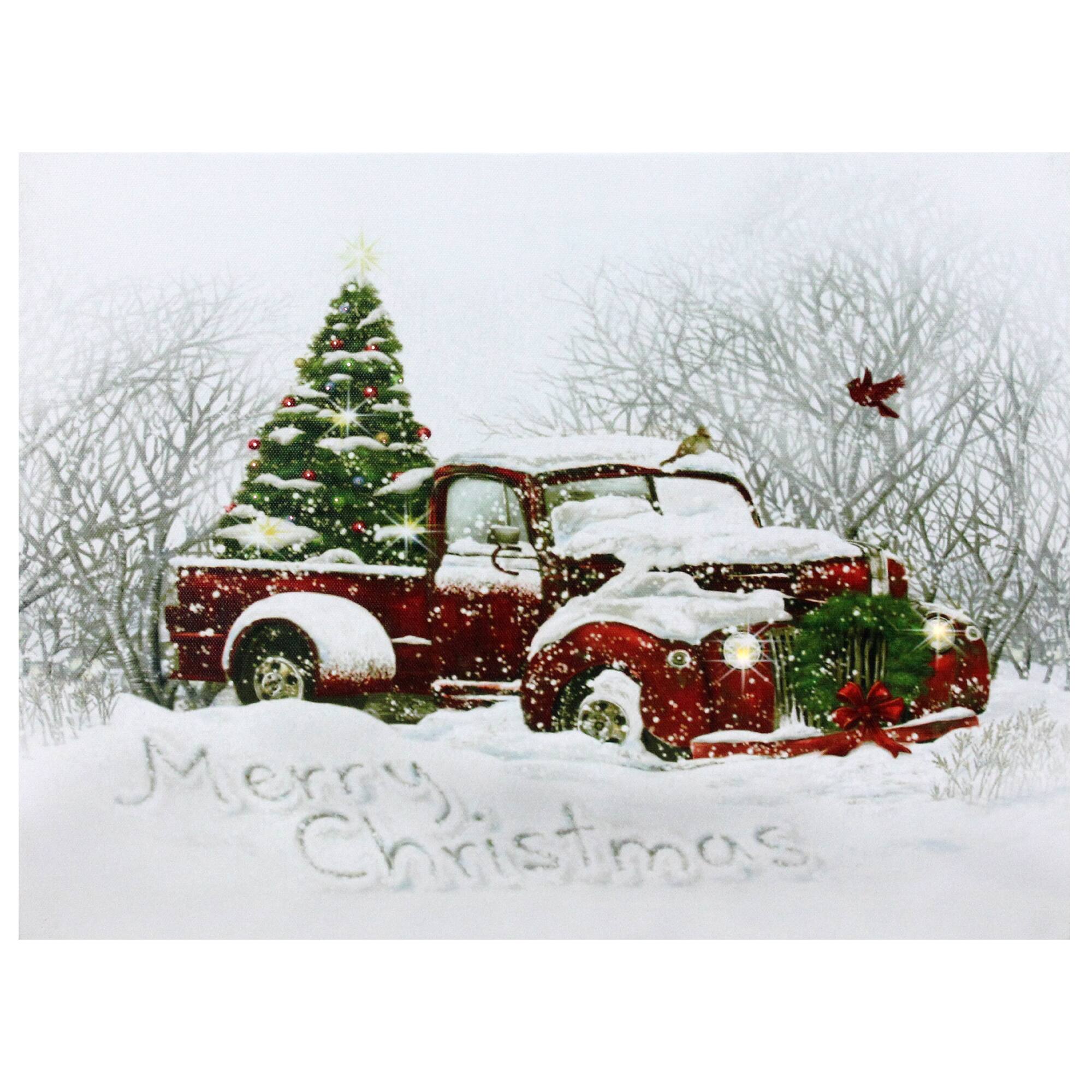 LED Lighted Truck &#x26; Tree Christmas Canvas Wall Art
